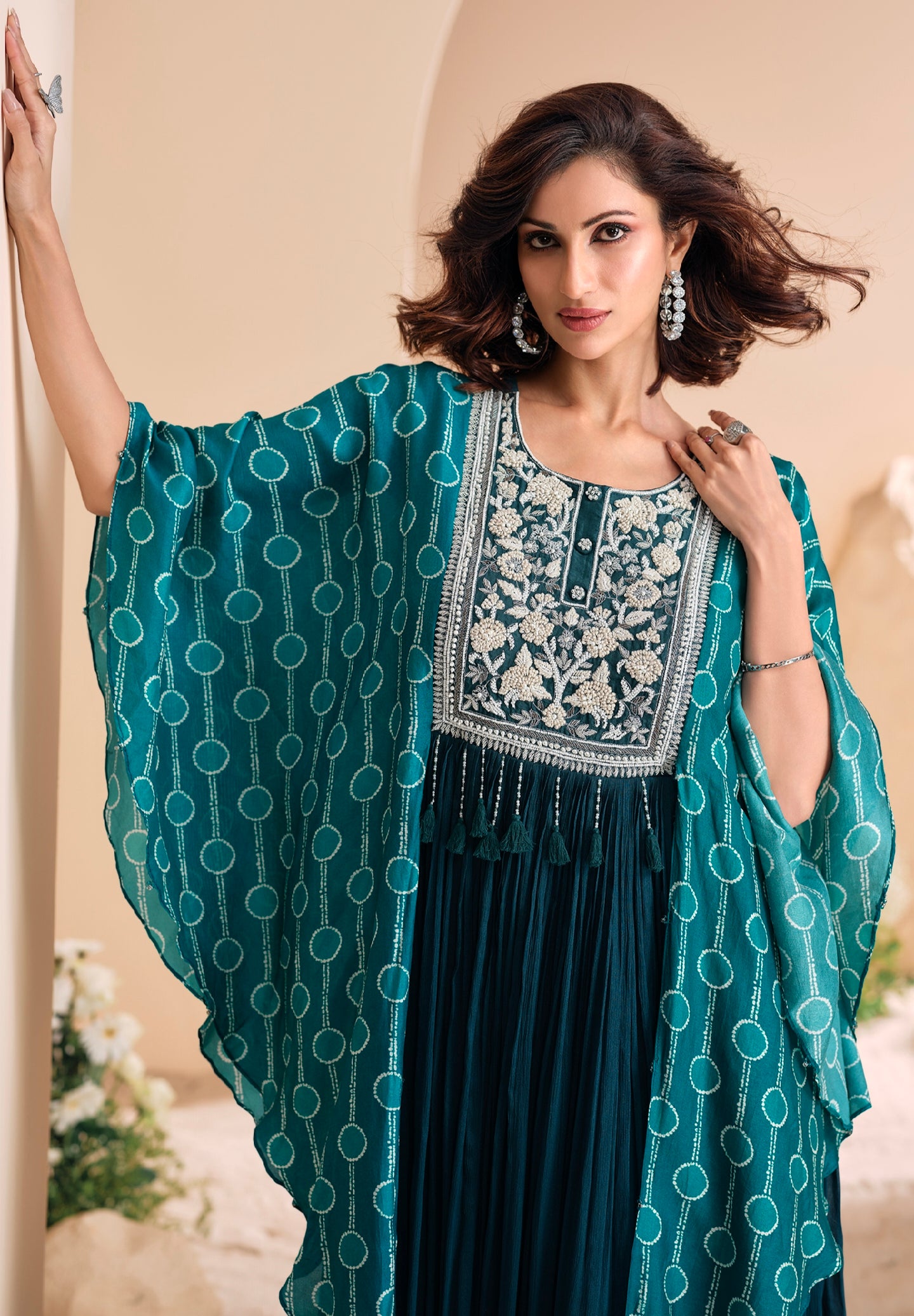 Teal Green Chinon Silk Gown with Hand Moti Embroidery