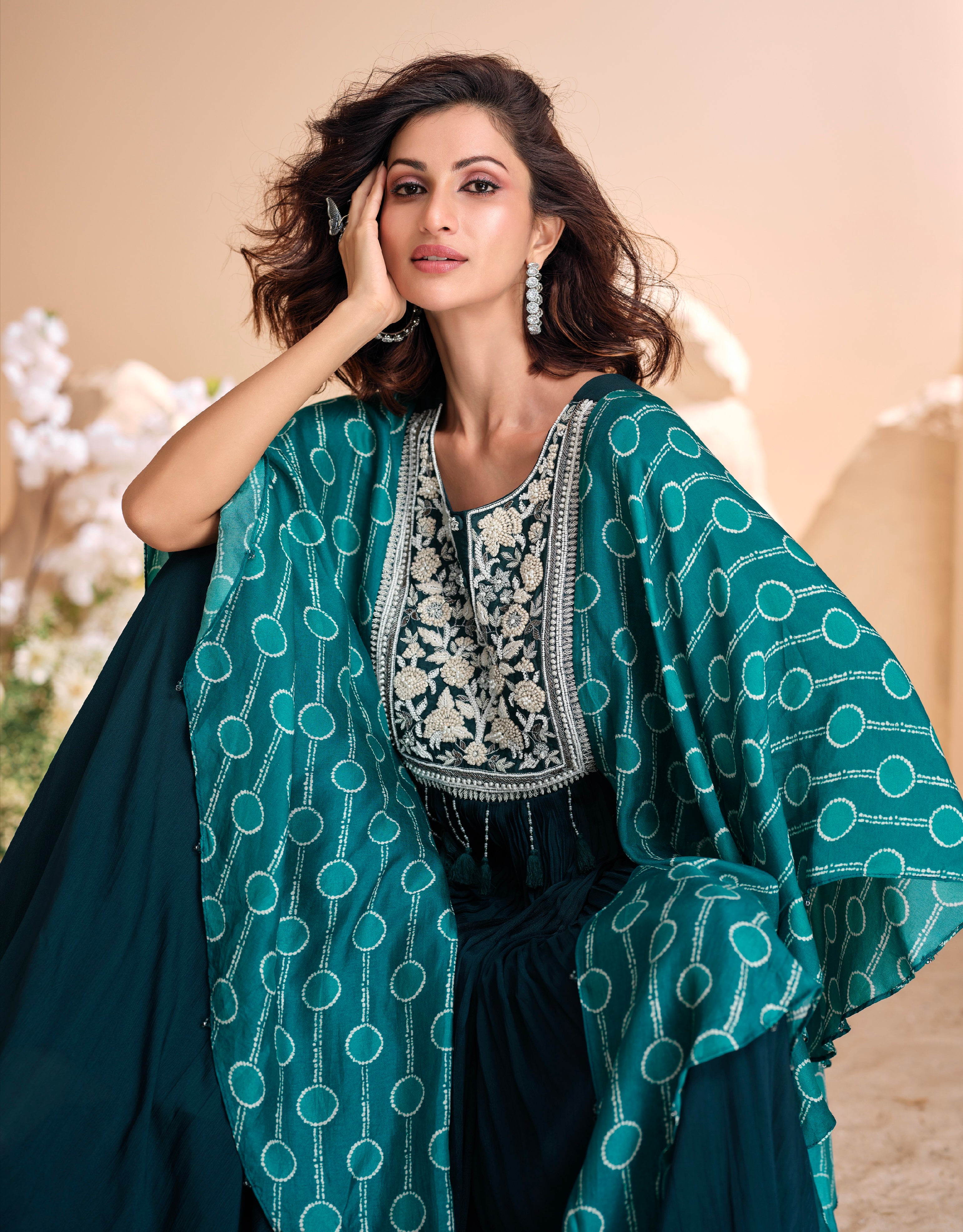 Teal Green Chinon Silk Gown with Hand Moti Embroidery