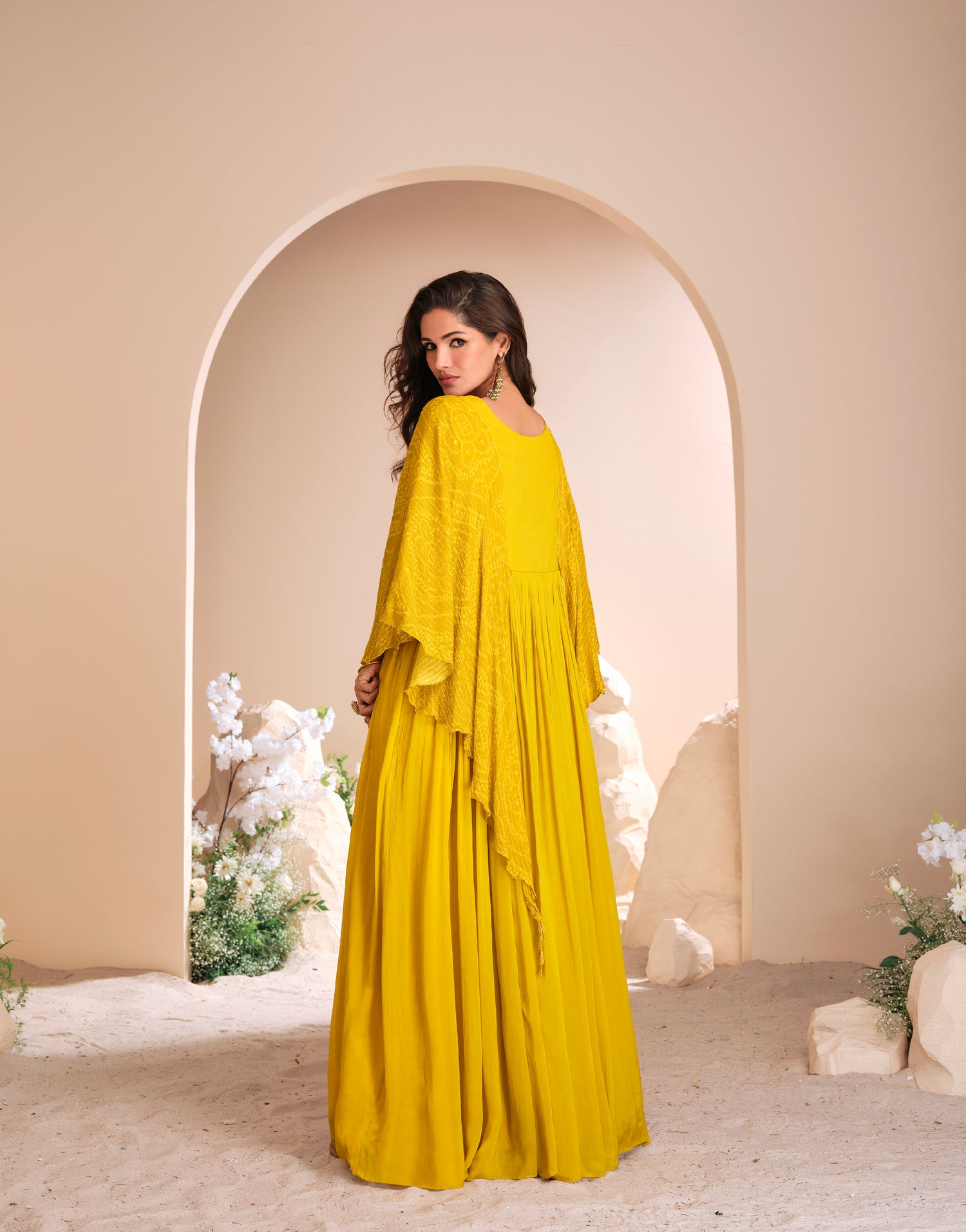 Yellow Chinon Silk Gown with Floral Hand Moti Work