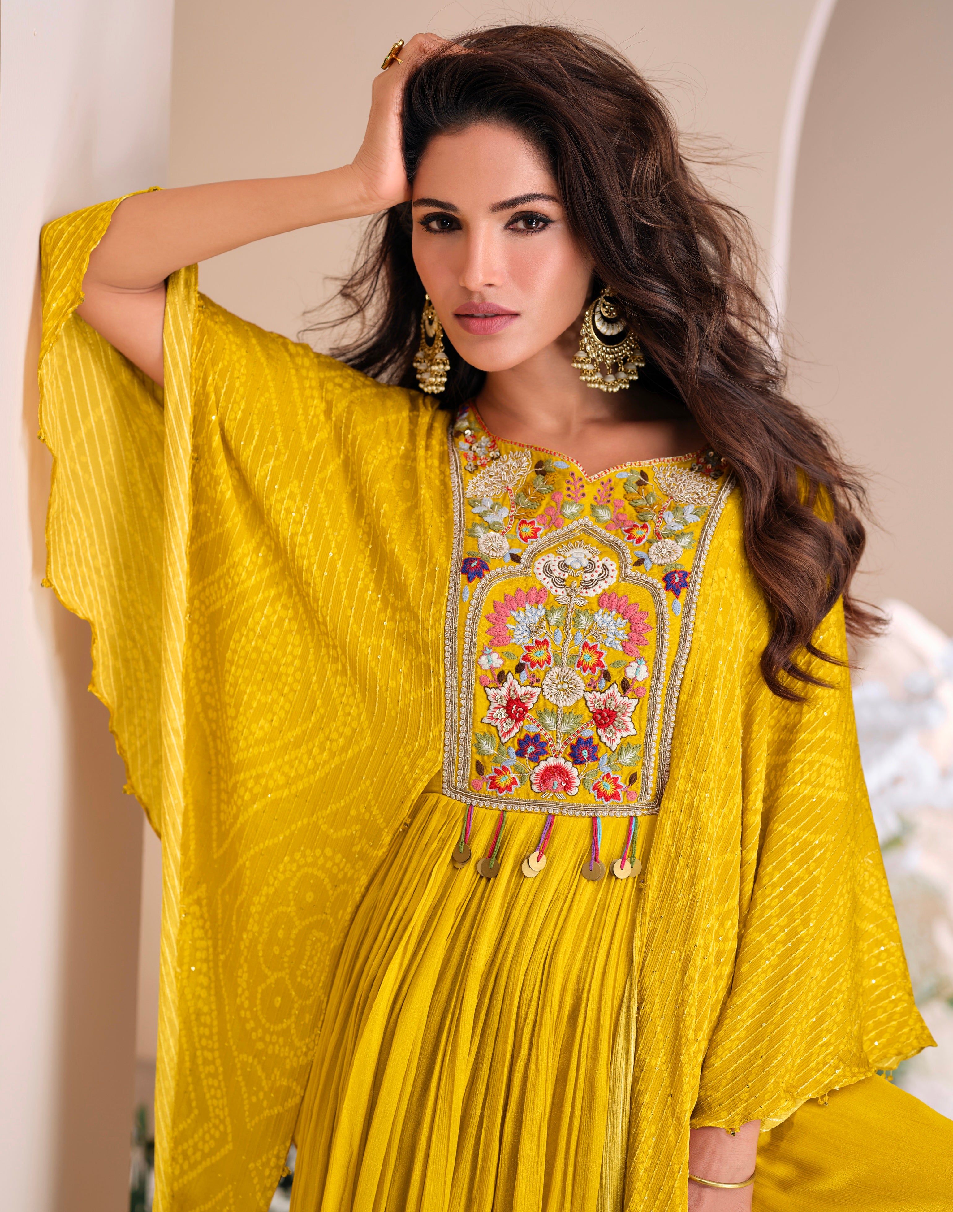 Yellow Chinon Silk Gown with Floral Hand Moti Work