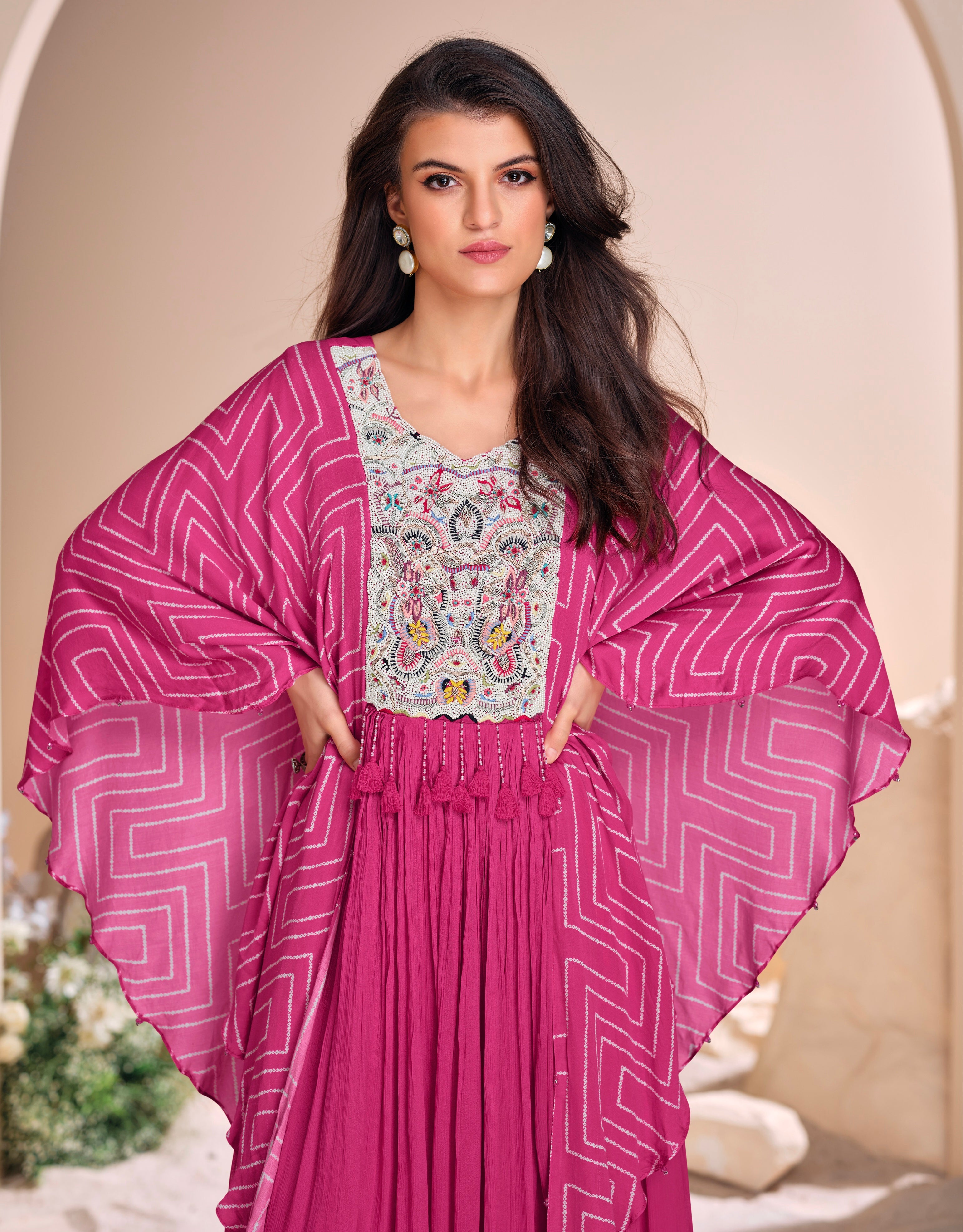Pink Chinon Silk Gown with Hand Moti Embroidery