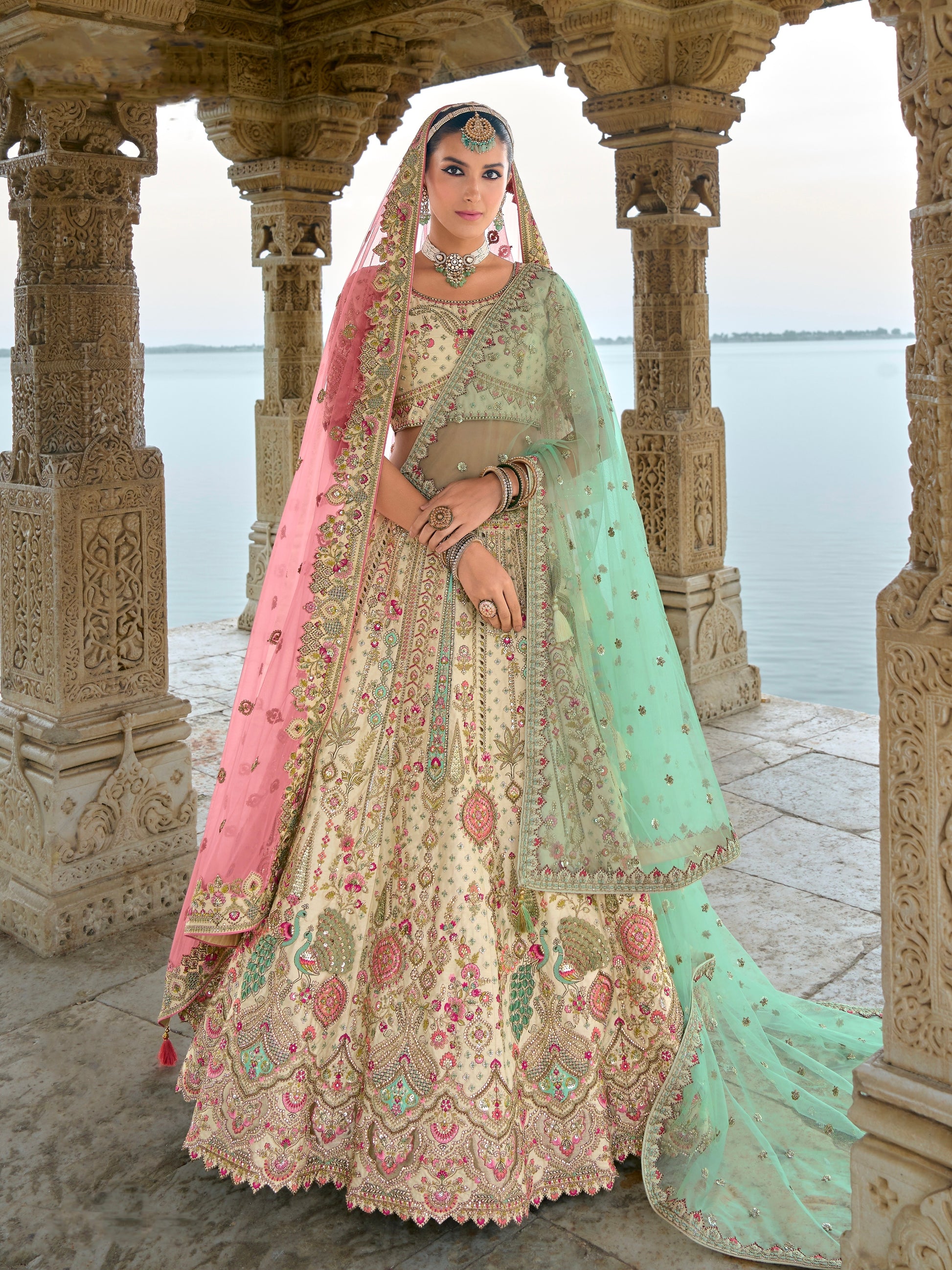Pink Bridal Peach Lehenga With Green Jewellery Woven Zari Banarasi