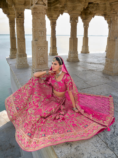 Pink Bridal Lehenga with Embroidery and Net Dupatta