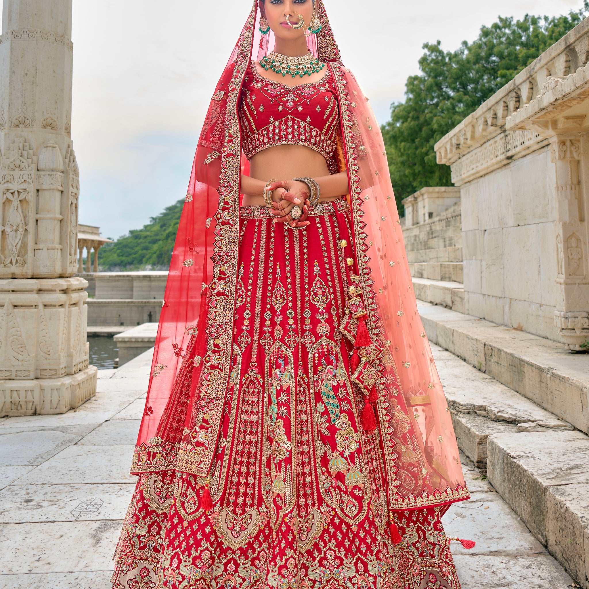 Vibrant Red Heavy Embroidered Bridal Lehenga