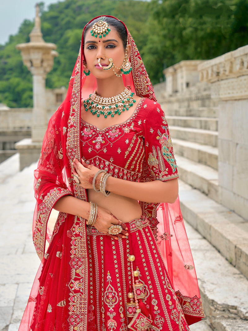 Vibrant Red Heavy Embroidered Bridal Lehenga