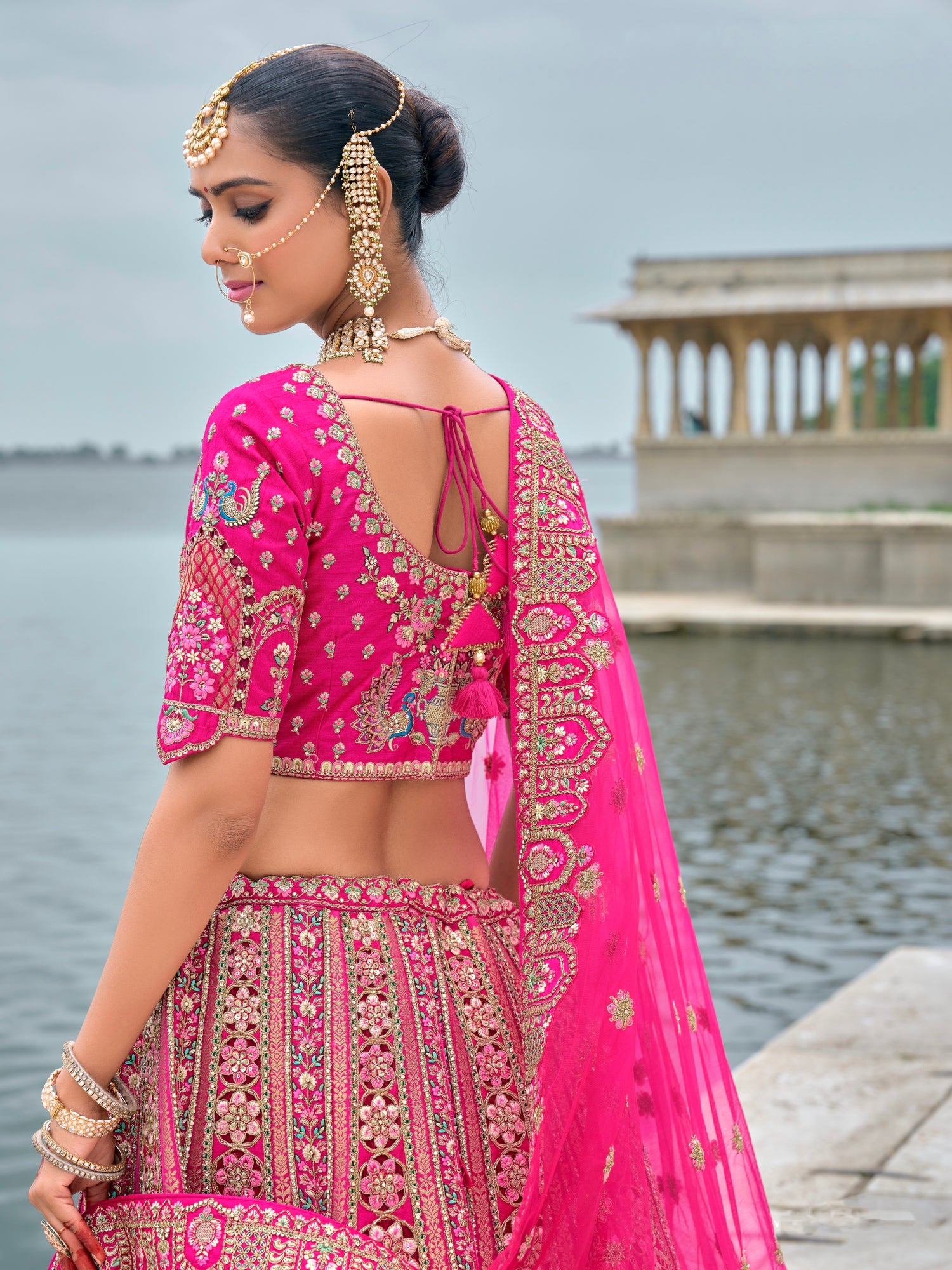 Pink Bridal Lehenga with Intricate Work on Silk
