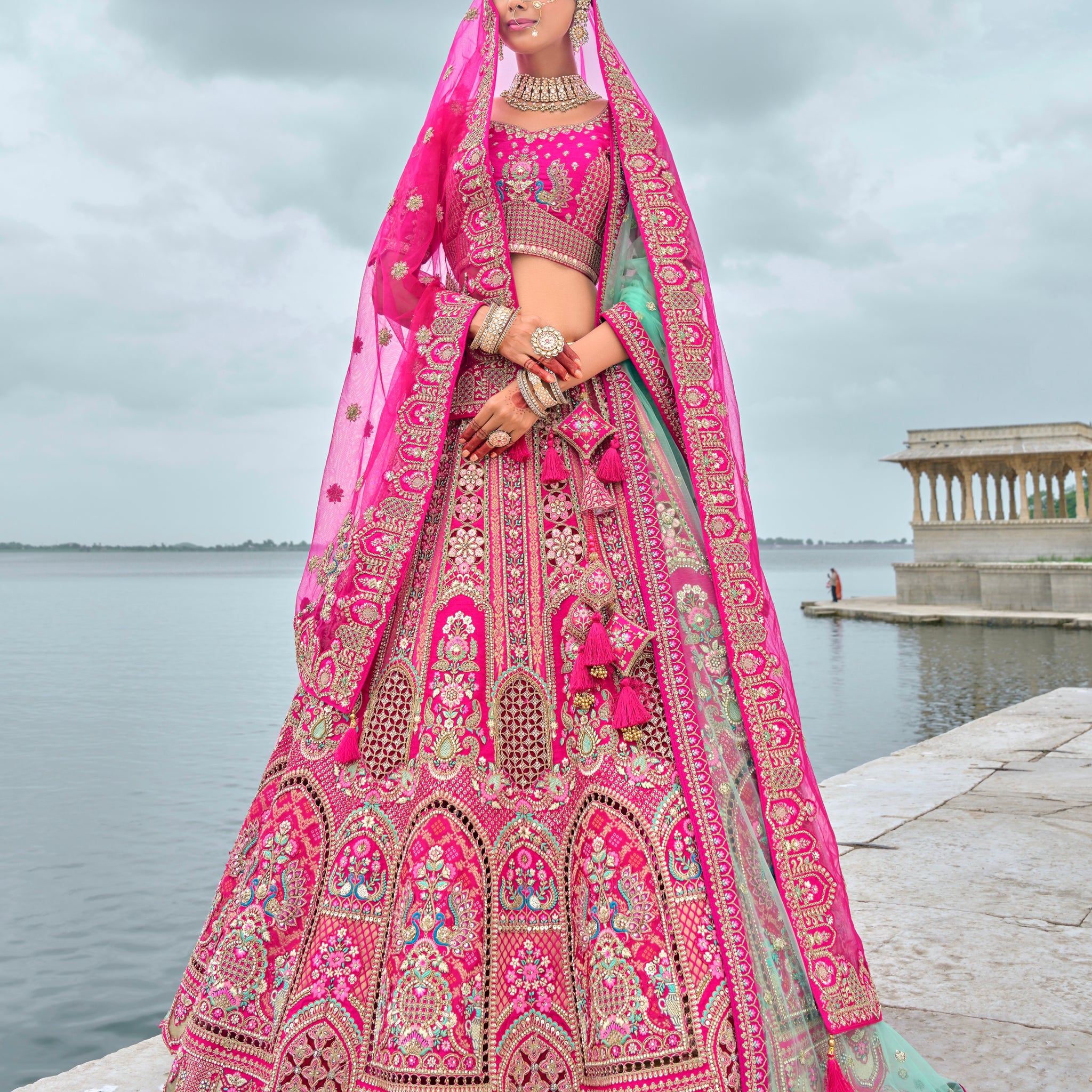 Pink Bridal Lehenga with Intricate Work on Silk