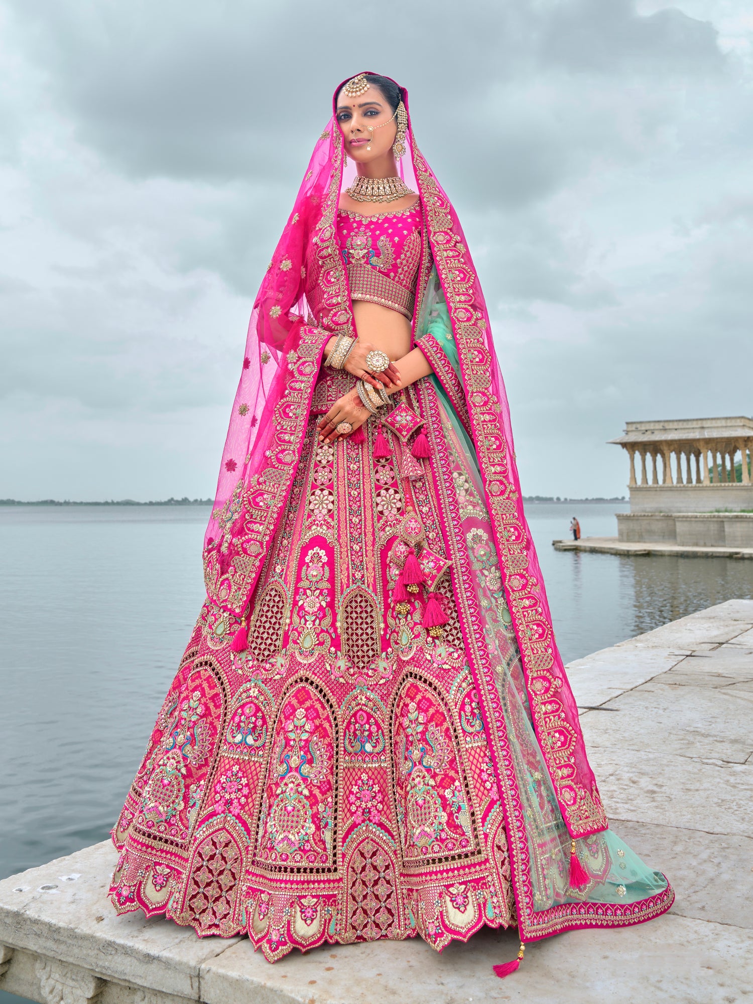 Pink Bridal Lehenga with Intricate Work on Silk