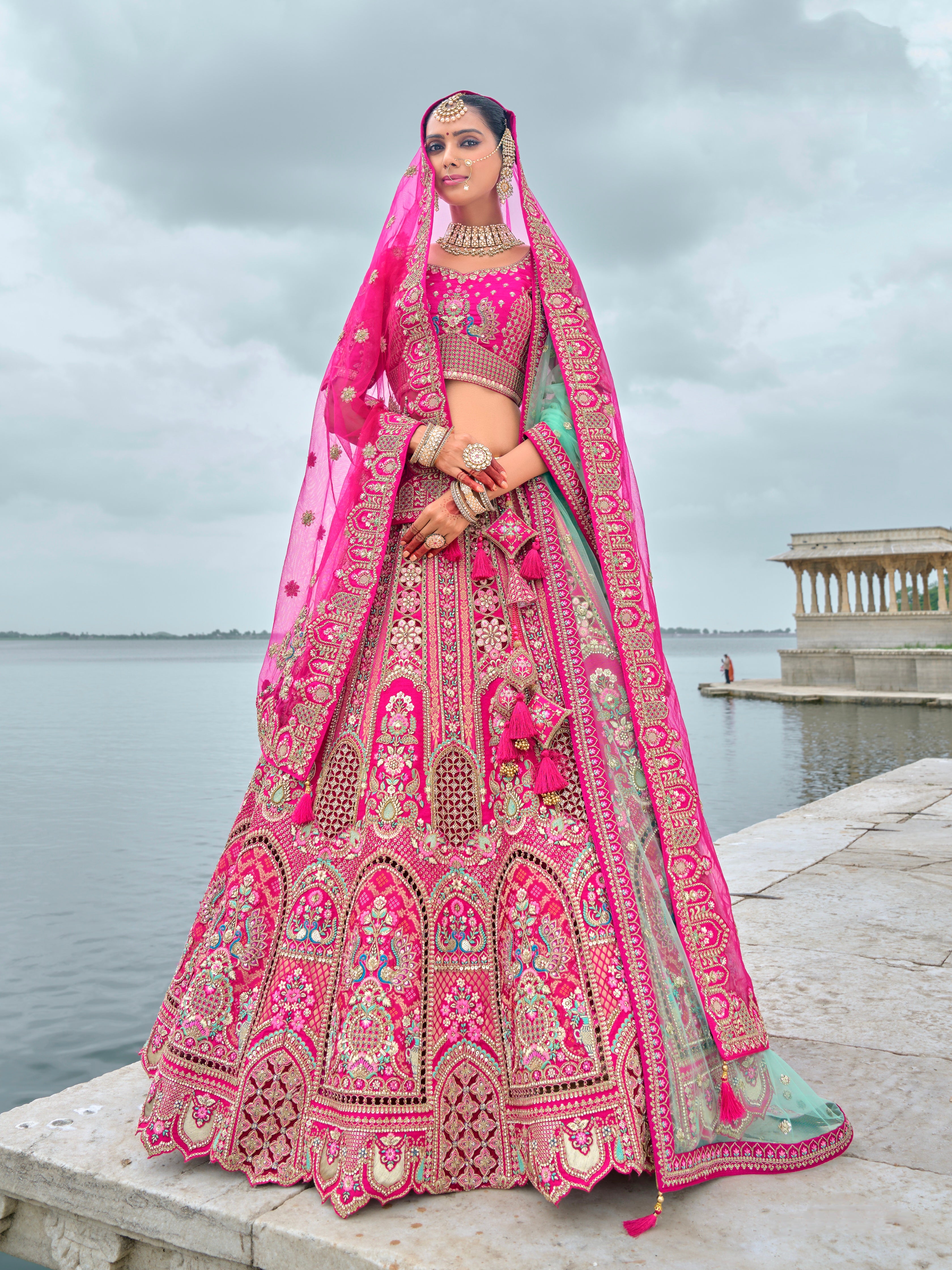 Pink Bridal Lehenga with Intricate Work on Silk