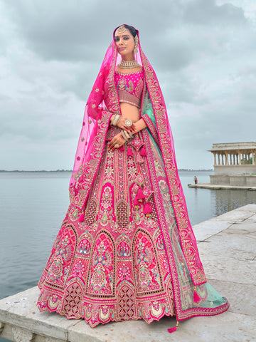 Pink Bridal Lehenga with Intricate Work on Silk