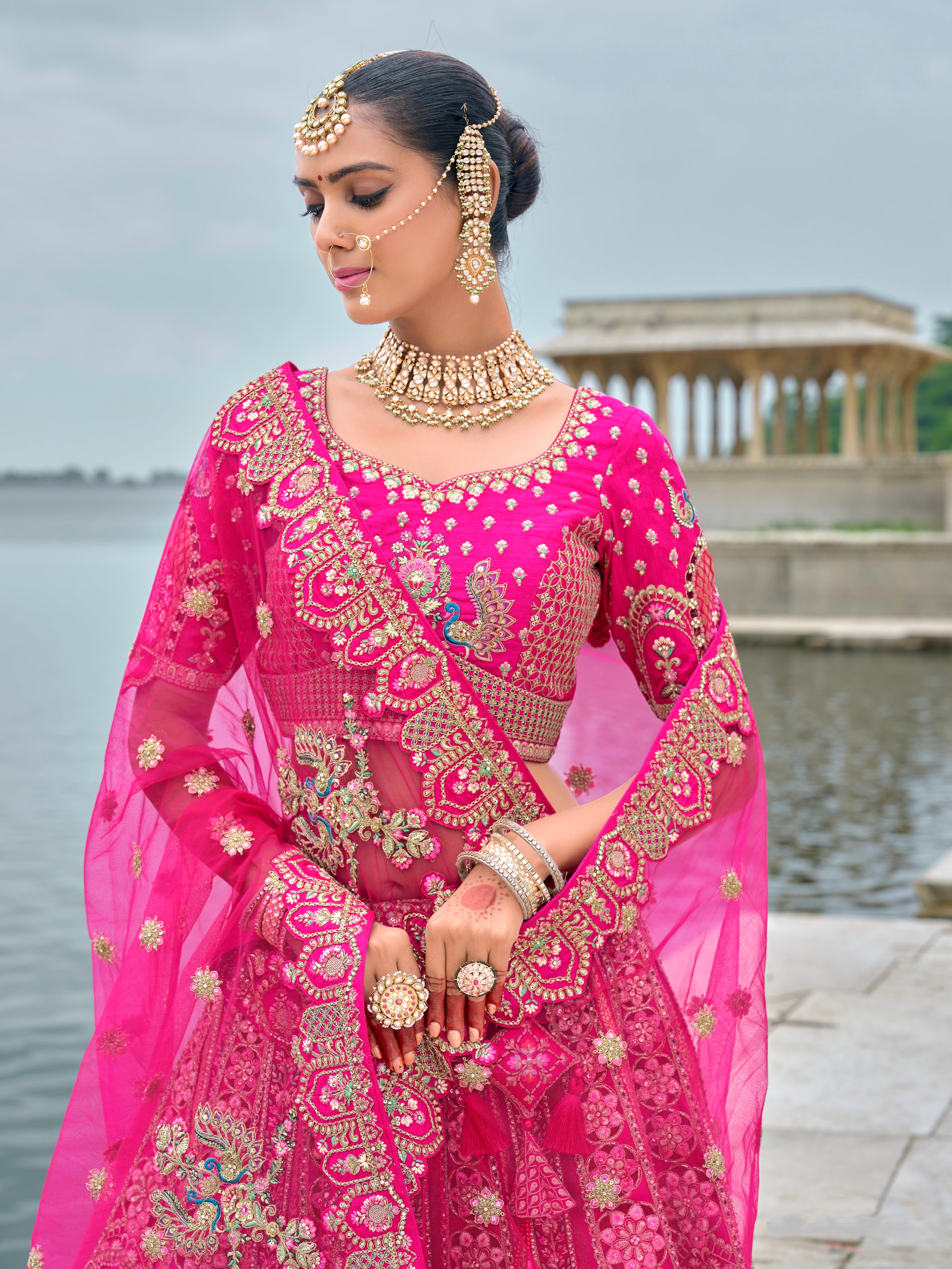 Pink Bridal Lehenga with Intricate Work on Silk