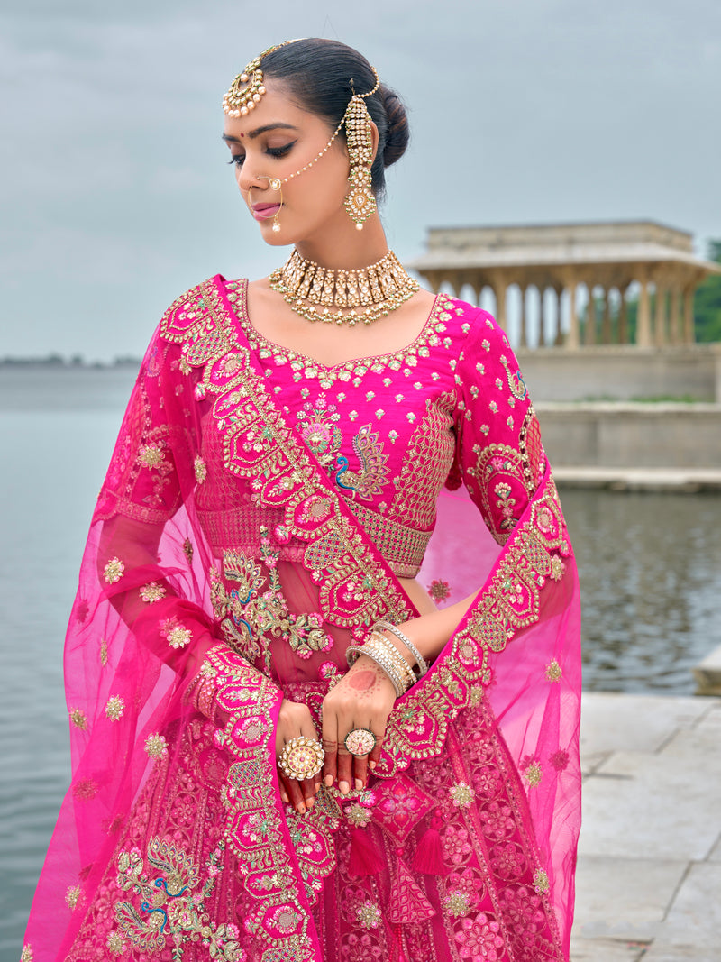 Pink Bridal Lehenga with Intricate Work on Silk