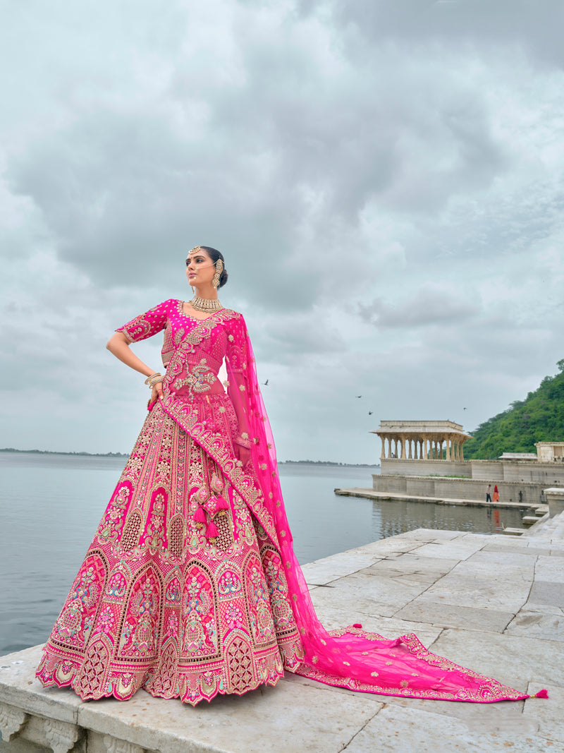 Pink Bridal Lehenga with Intricate Work on Silk