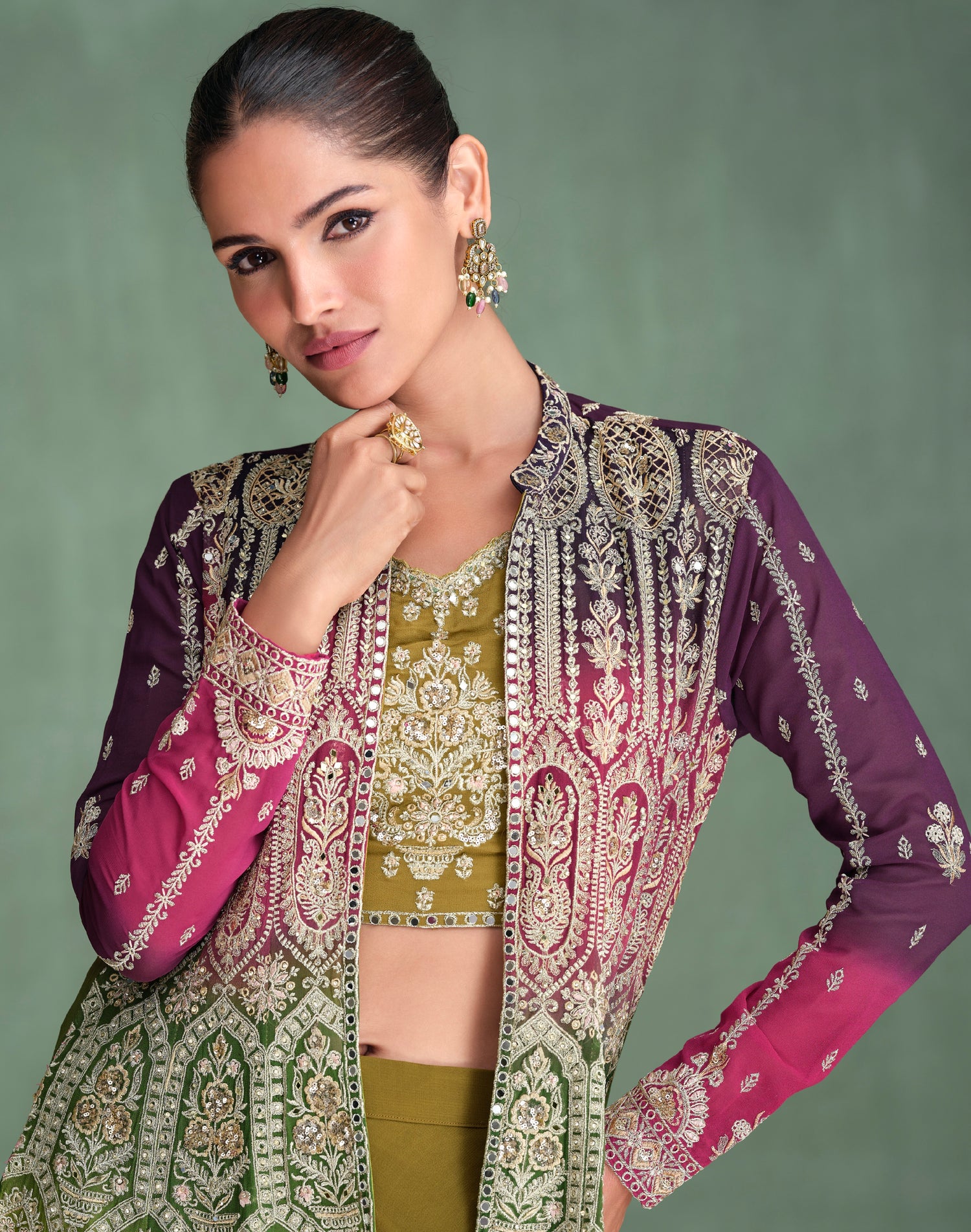 Olive Green Embroidered Mirror Work Palazzo Set