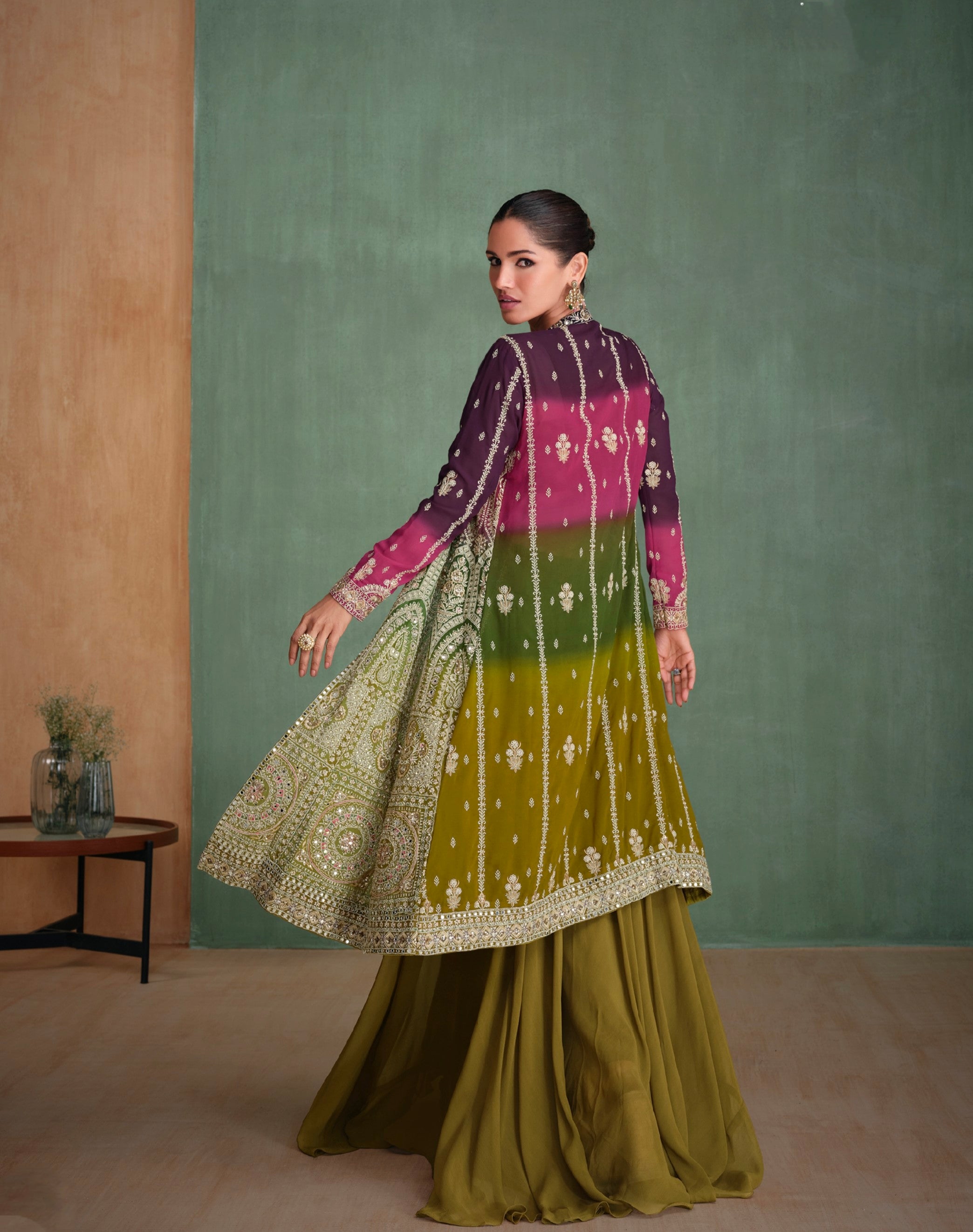 Olive Green Embroidered Mirror Work Palazzo Set