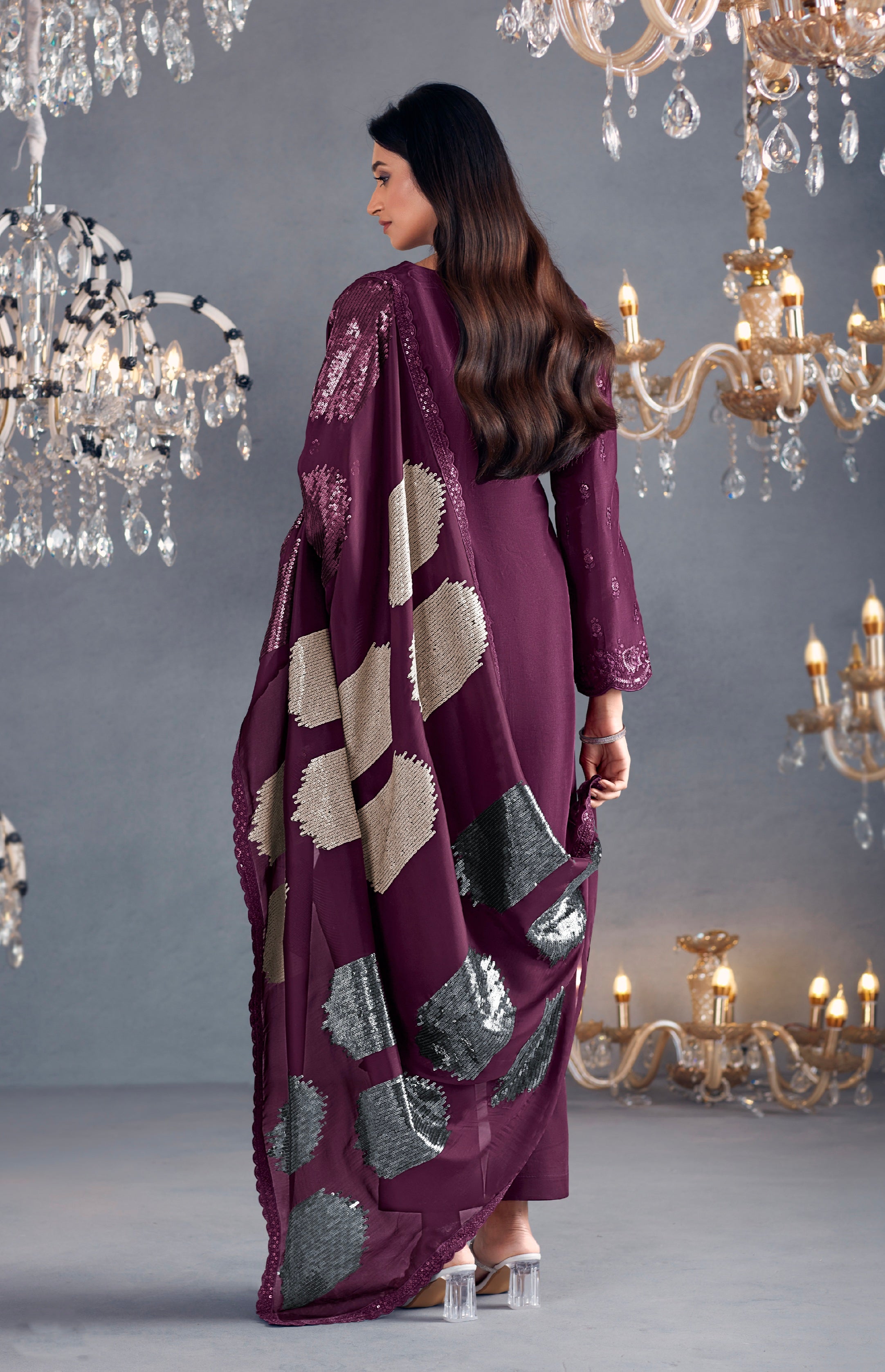 Plum Straight-Cut Embroidered Suit with Organza Dupatta