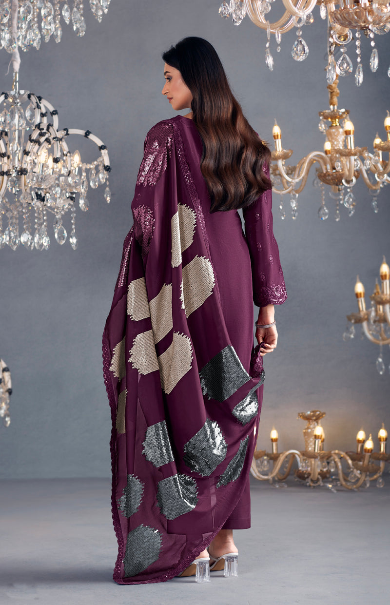Plum Straight-Cut Embroidered Suit with Organza Dupatta