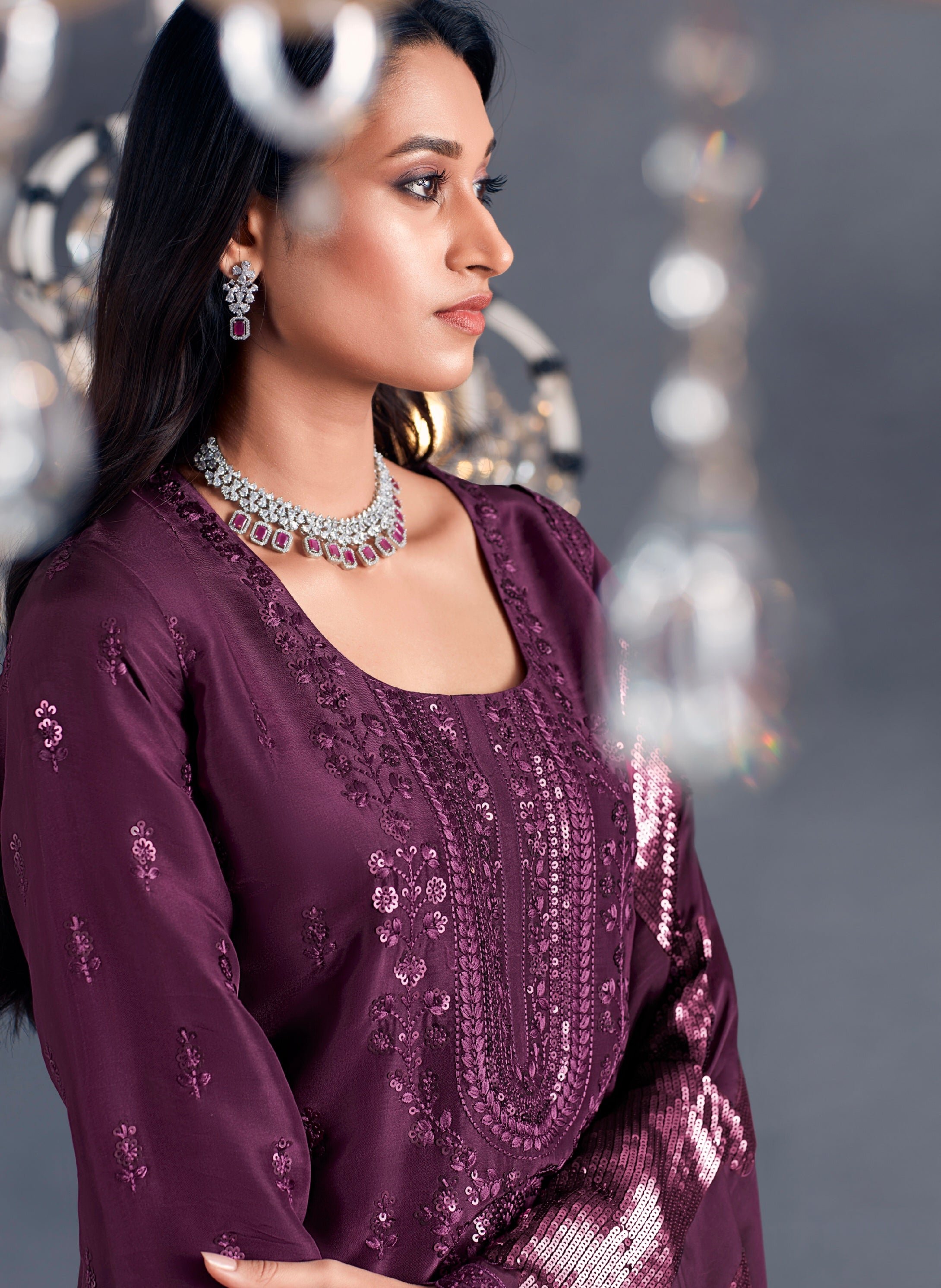 Plum Straight-Cut Embroidered Suit with Organza Dupatta
