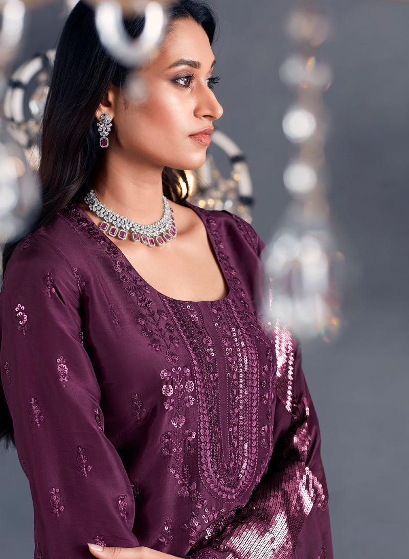 Plum Straight-Cut Embroidered Suit with Organza Dupatta