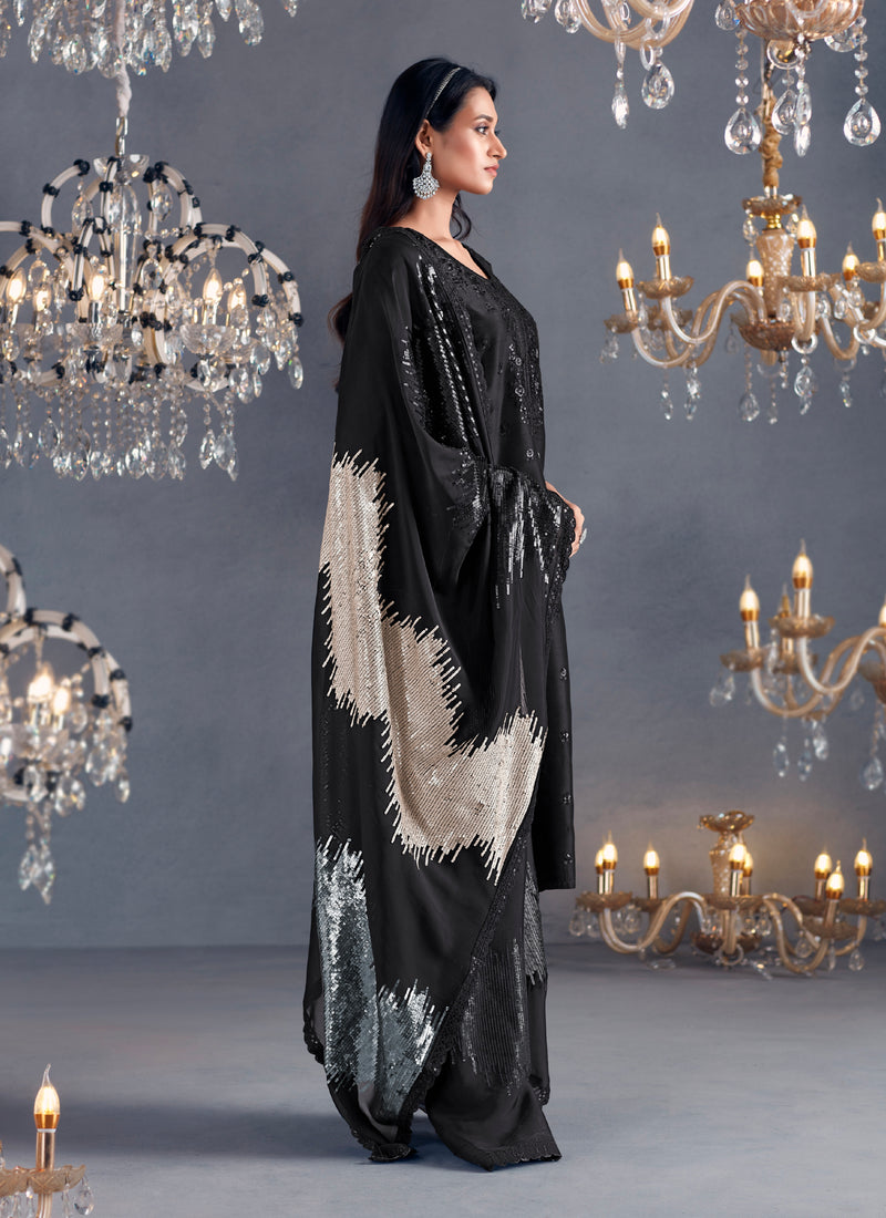 Black Straight Suit with Sequins Embroidered Organza Dupatta