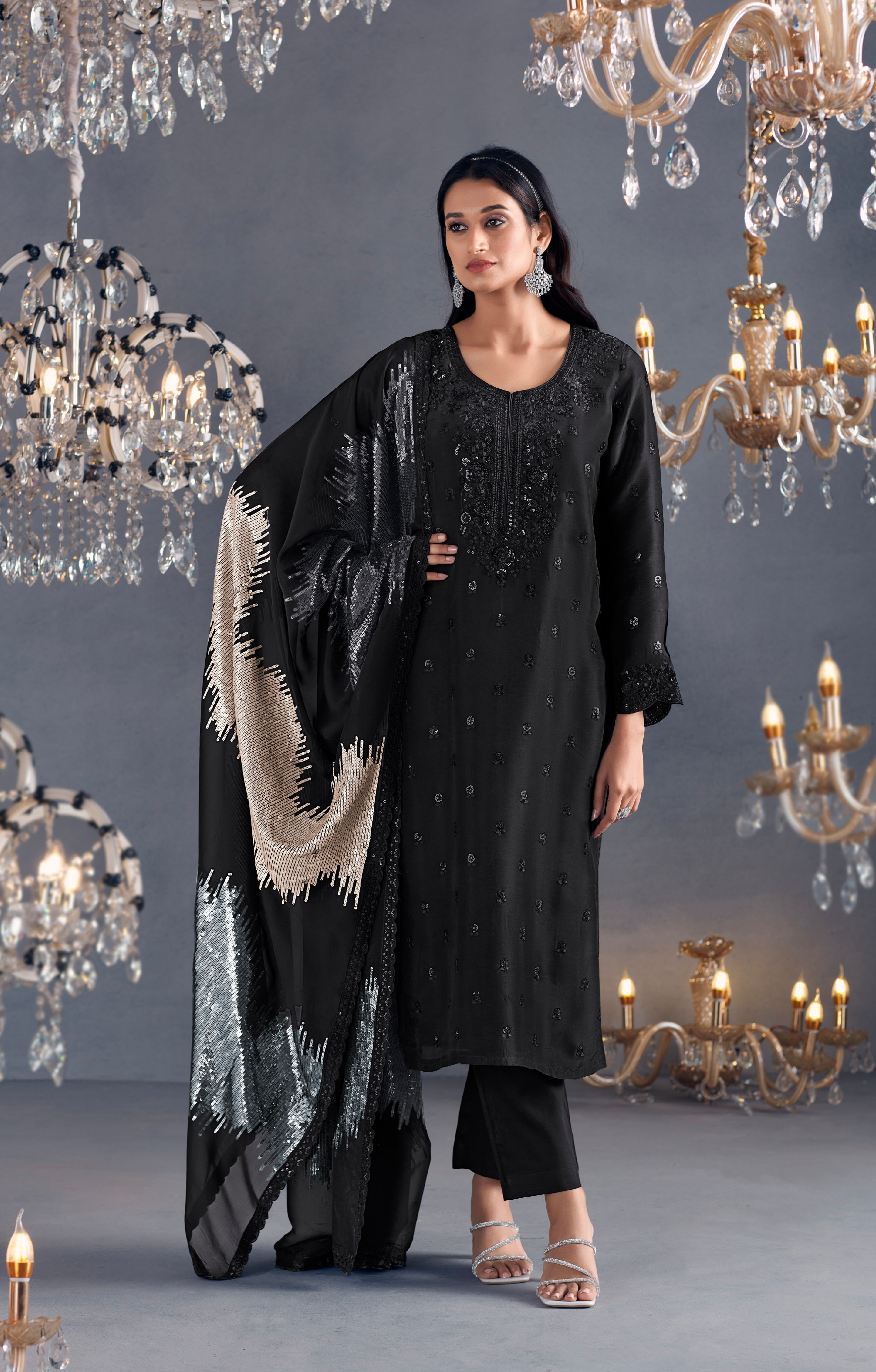 Black Straight Suit with Sequins Embroidered Organza Dupatta