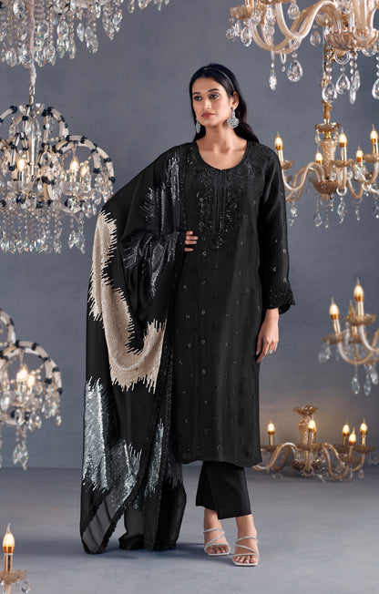 Black Straight Suit with Sequins Embroidered Organza Dupatta