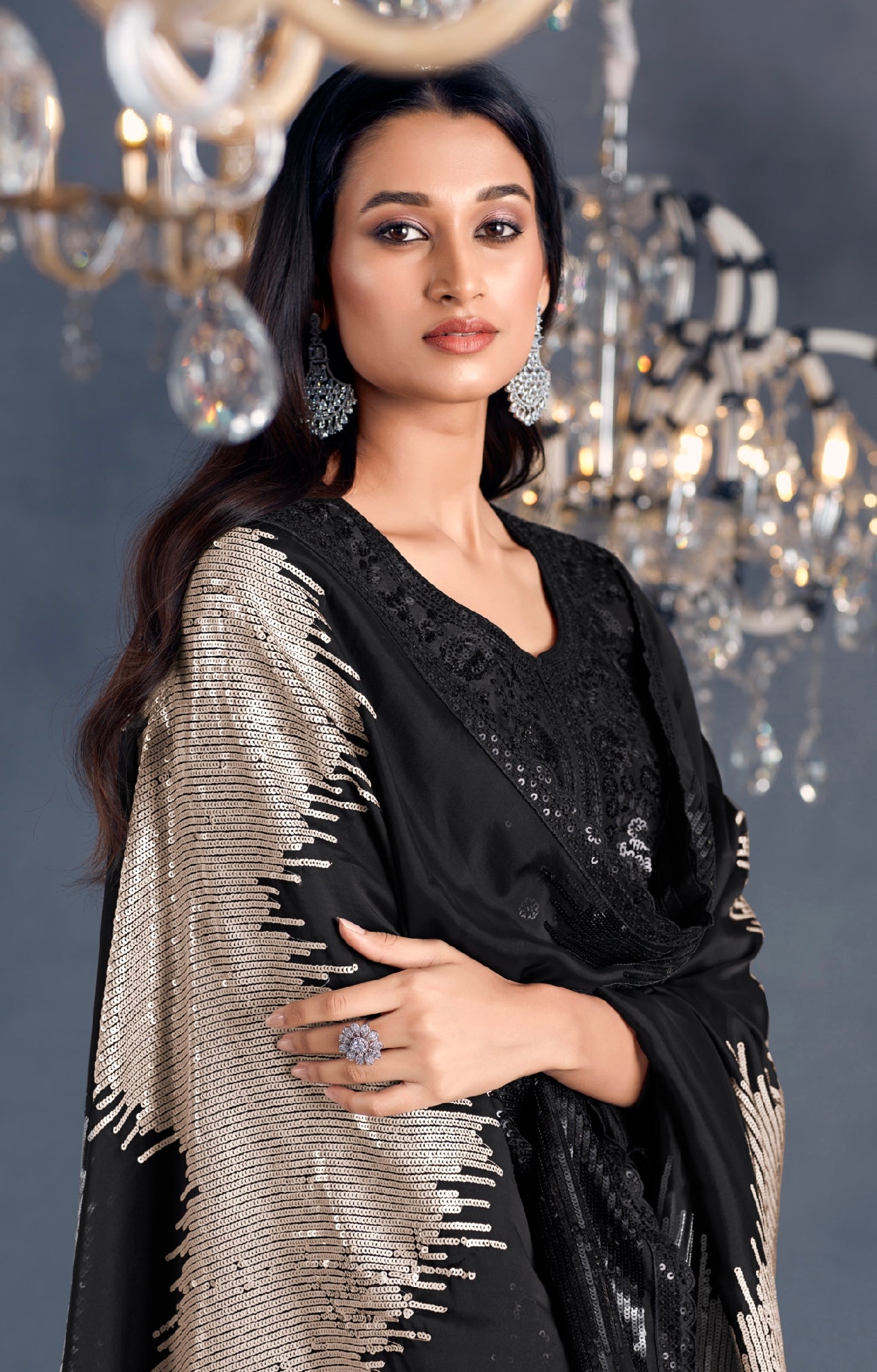Black Straight Suit with Sequins Embroidered Organza Dupatta