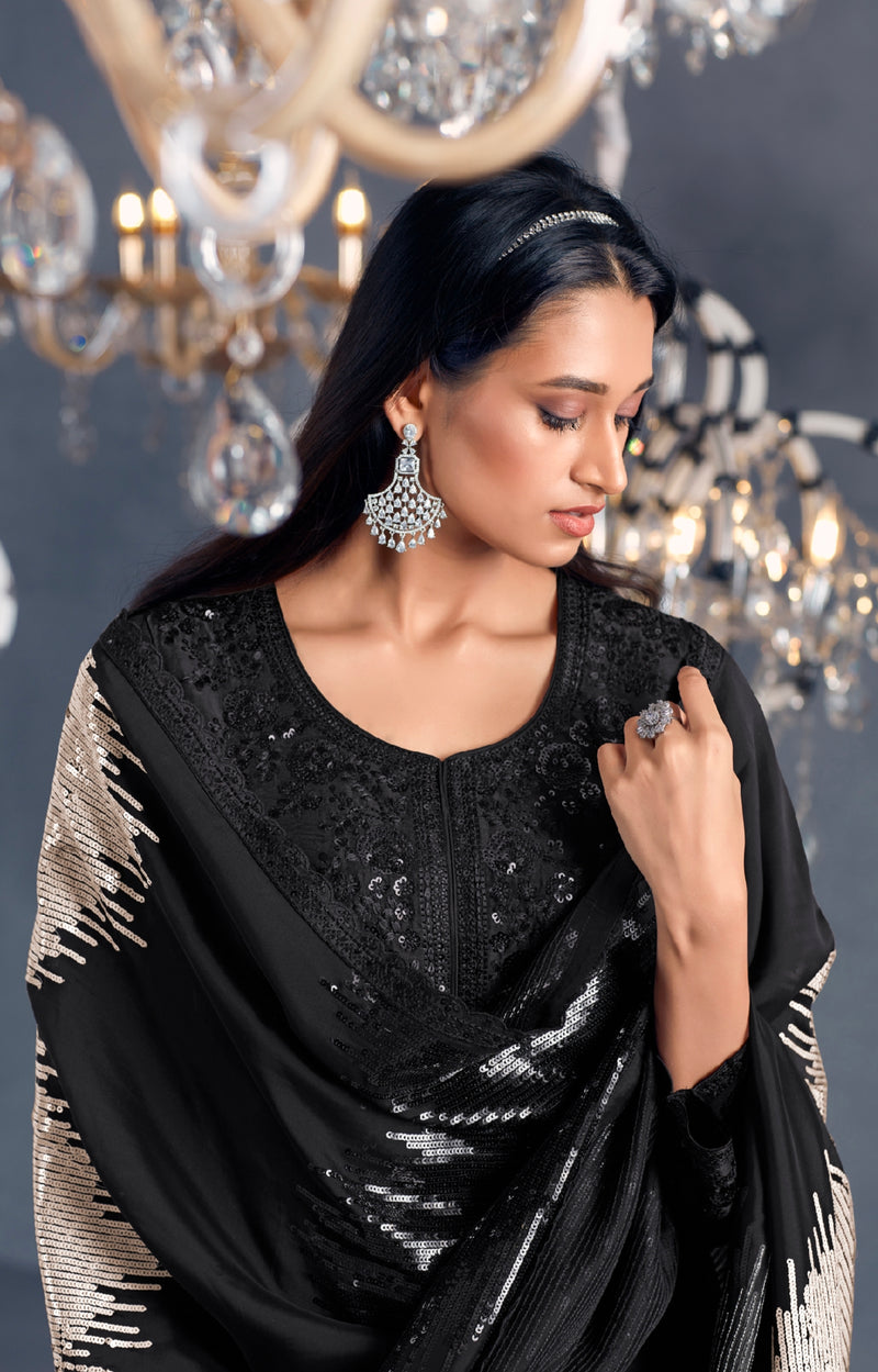 Black Straight Suit with Sequins Embroidered Organza Dupatta
