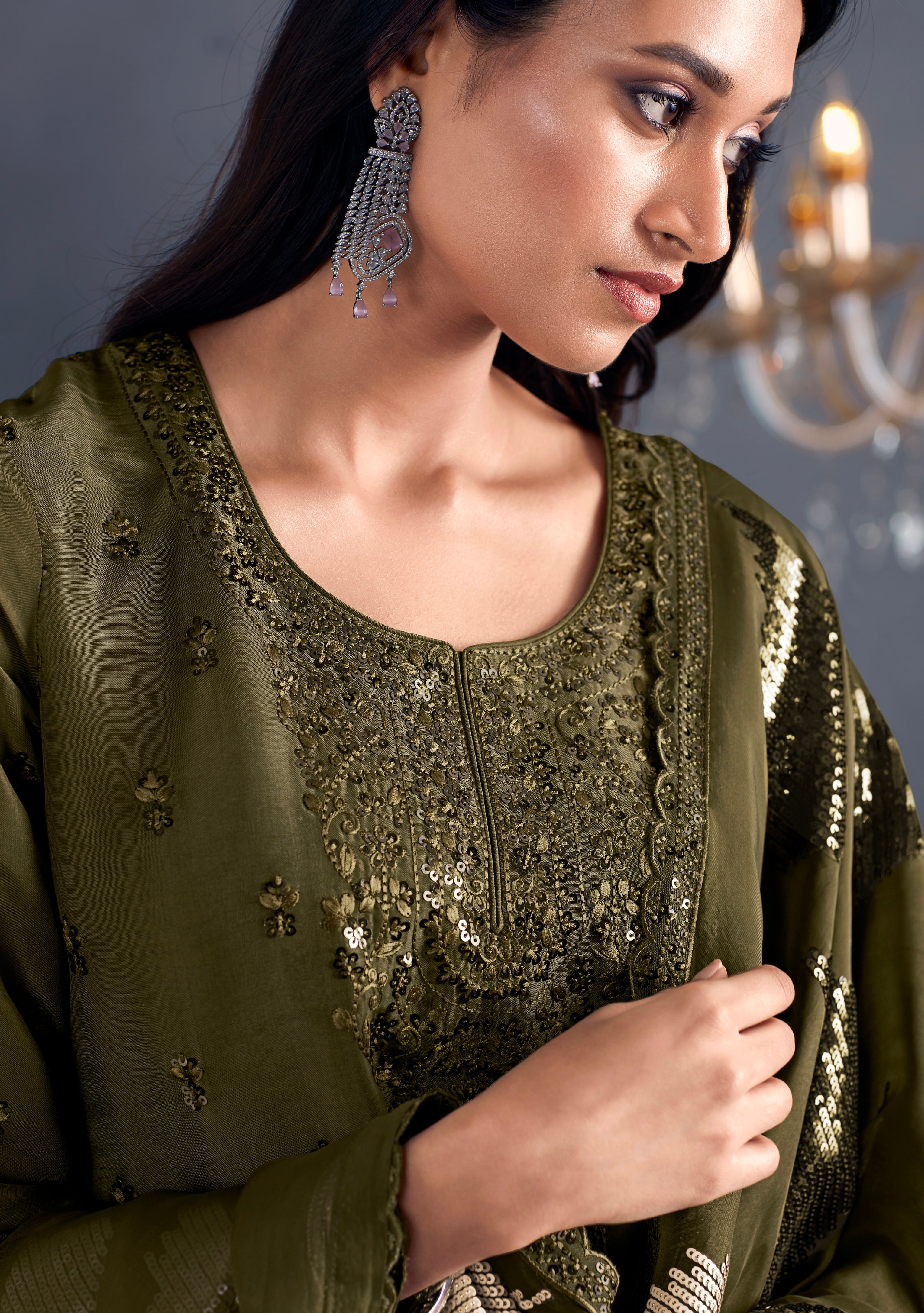 Olive Green Straight-Cut Suit with Embroidered Organza Dupatta