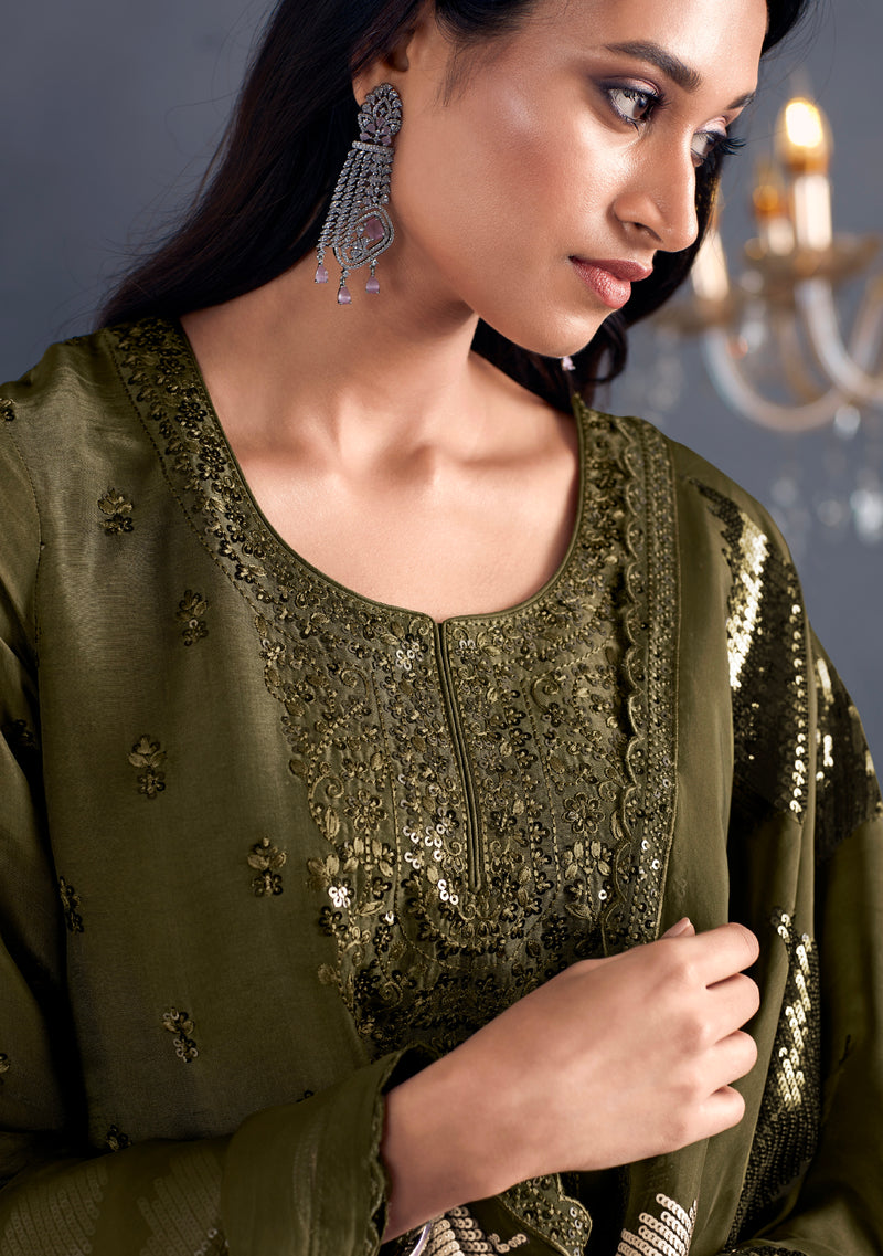 Olive Green Straight-Cut Suit with Embroidered Organza Dupatta