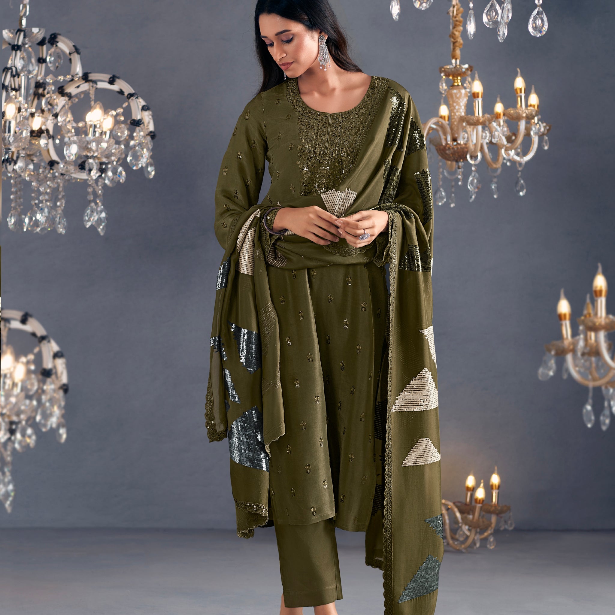Olive Green Straight-Cut Suit with Embroidered Organza Dupatta