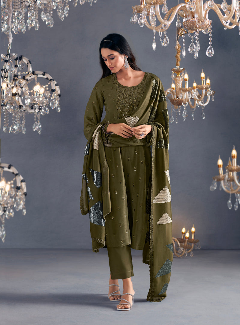 Olive Green Straight-Cut Suit with Embroidered Organza Dupatta