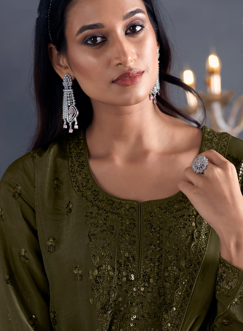 Olive Green Straight-Cut Suit with Embroidered Organza Dupatta
