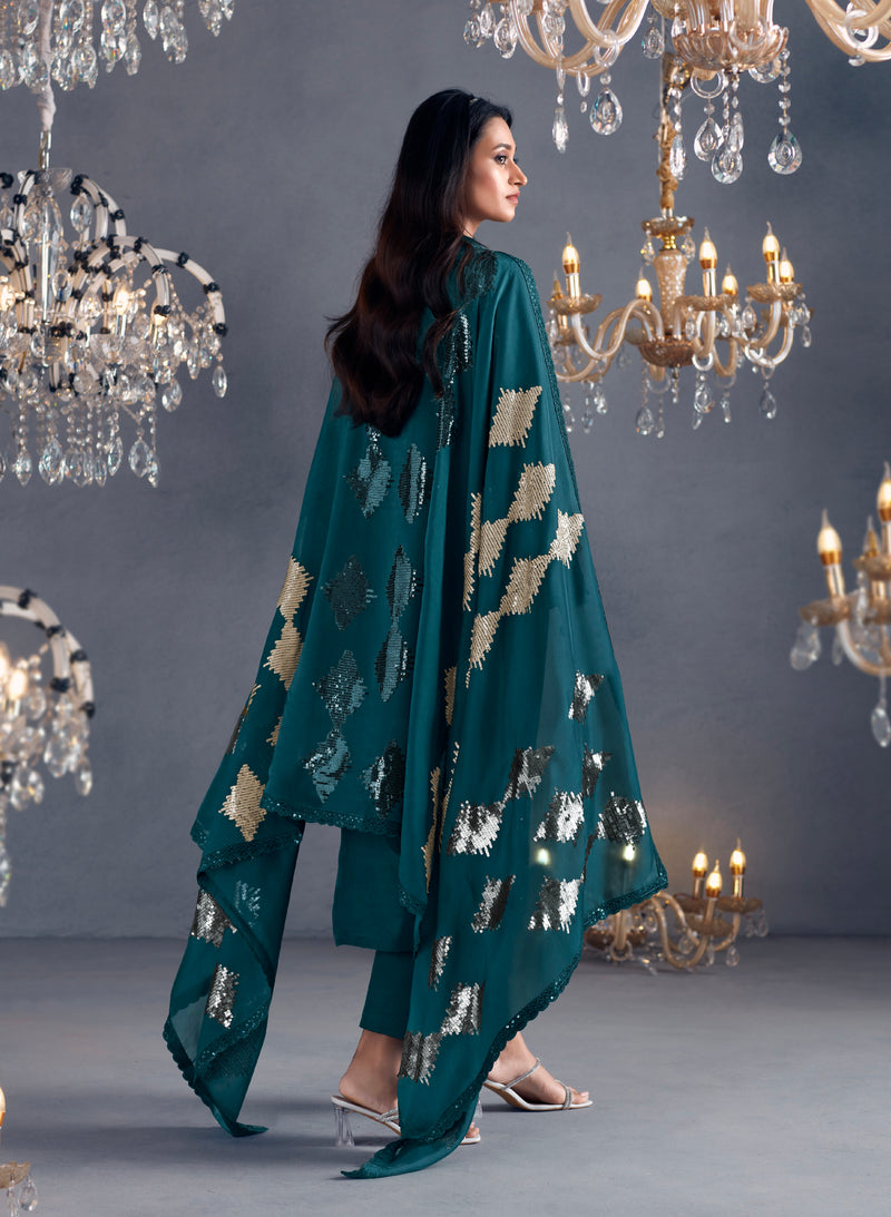 Teal Straight Cut Suit with Sequins Organza Dupatta