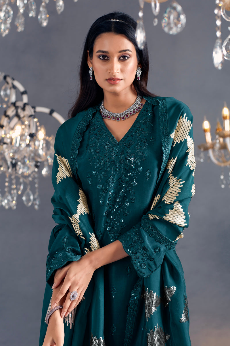 Teal Straight Cut Suit with Sequins Organza Dupatta
