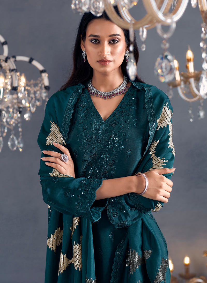 Teal Straight Cut Suit with Sequins Organza Dupatta