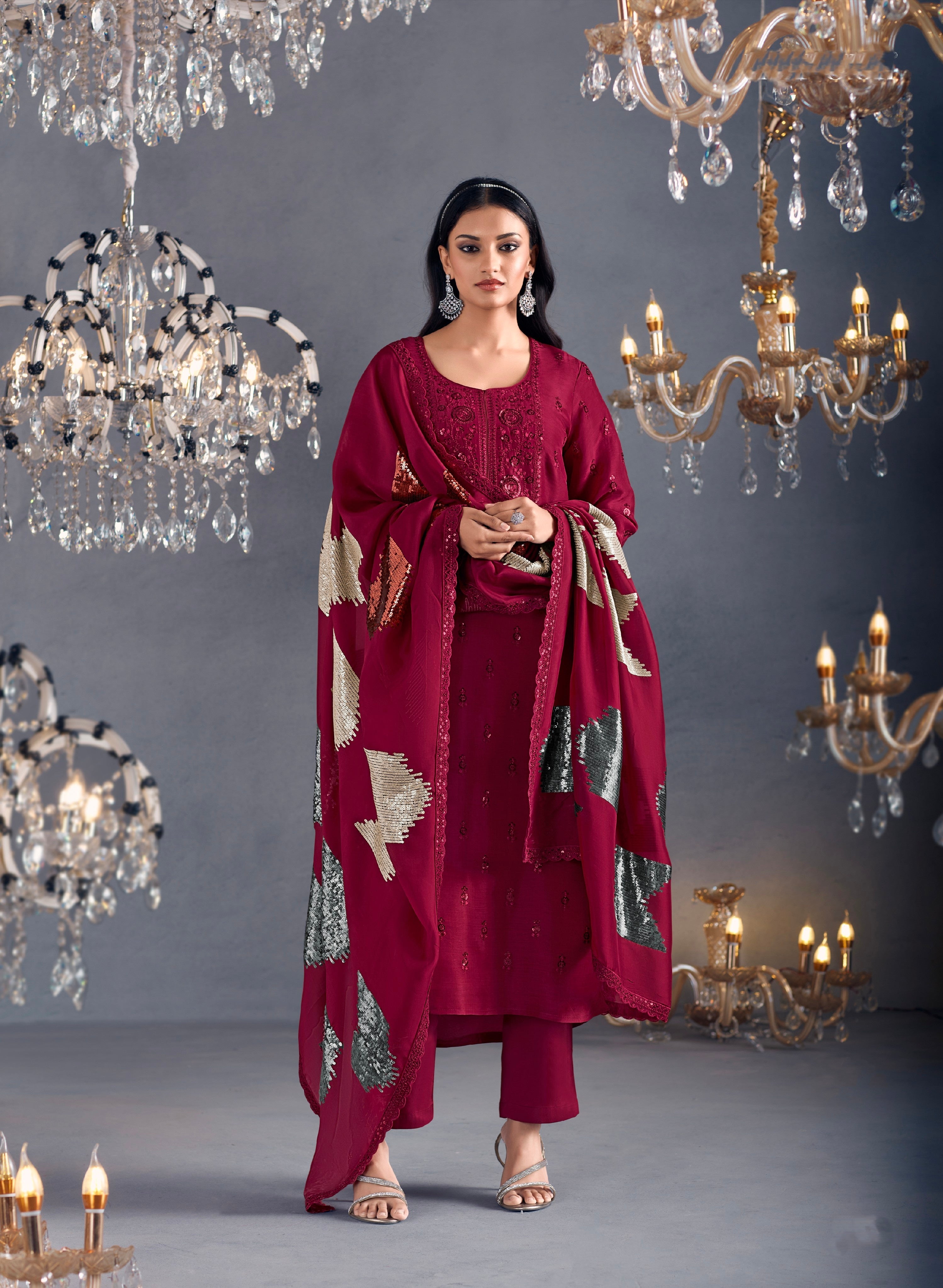 Wine Straight Suit with Sequins Grid Embroidered Dupatta
