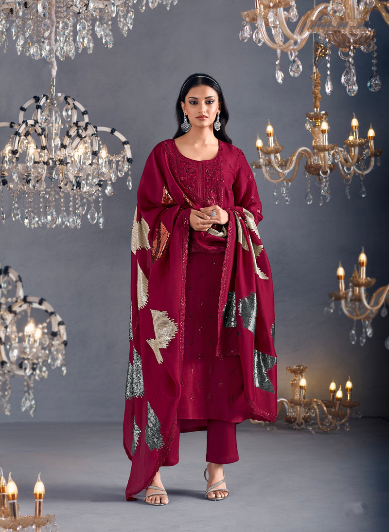 Wine Straight Suit with Sequins Grid Embroidered Dupatta