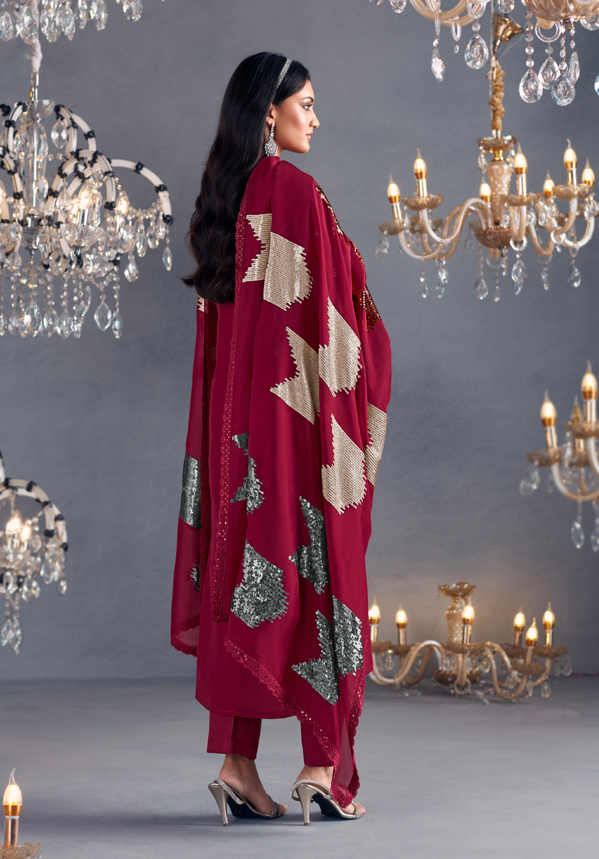 Wine Straight Suit with Sequins Grid Embroidered Dupatta