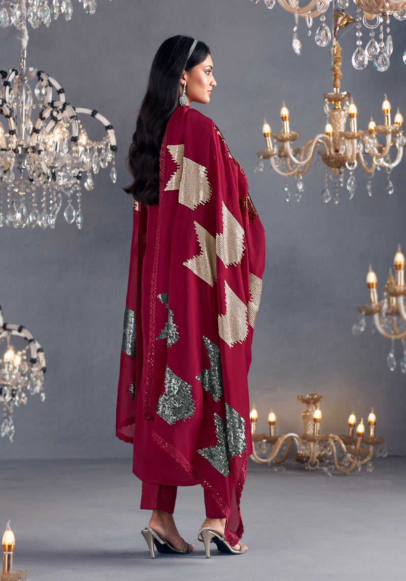 Wine Straight Suit with Sequins Grid Embroidered Dupatta