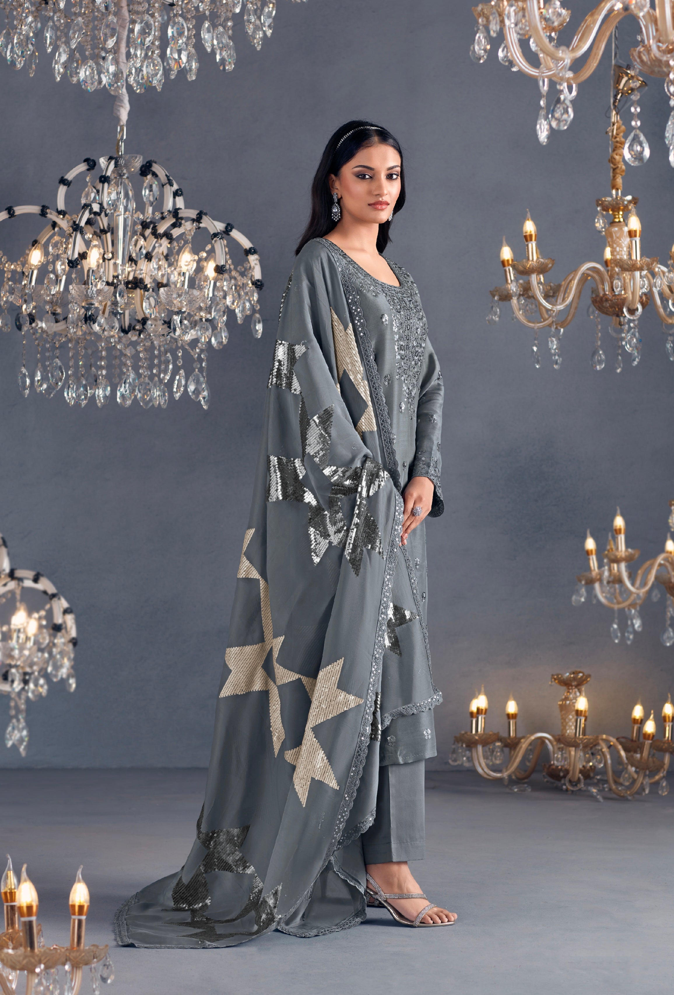 Grey Straight-Cut Suit with Organza Dupatta