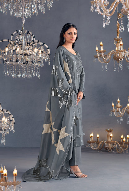 Grey Straight-Cut Suit with Organza Dupatta 