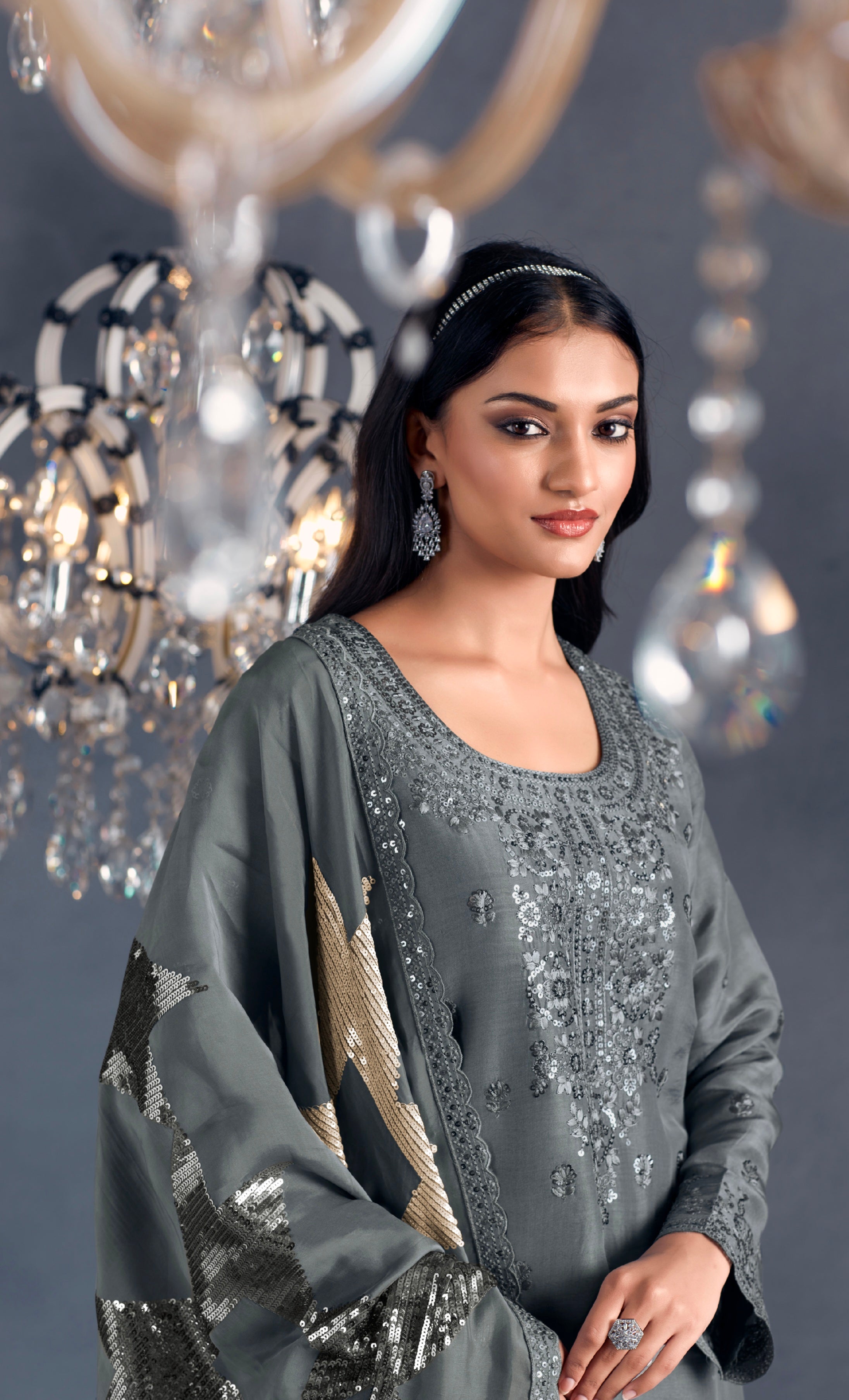 Grey Straight-Cut Suit with Organza Dupatta