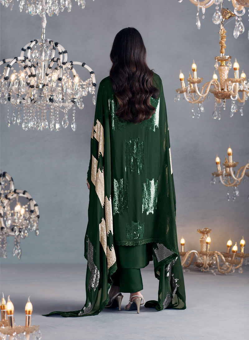 Forest Green Straight Suit with Embroidered Organza Dupatta