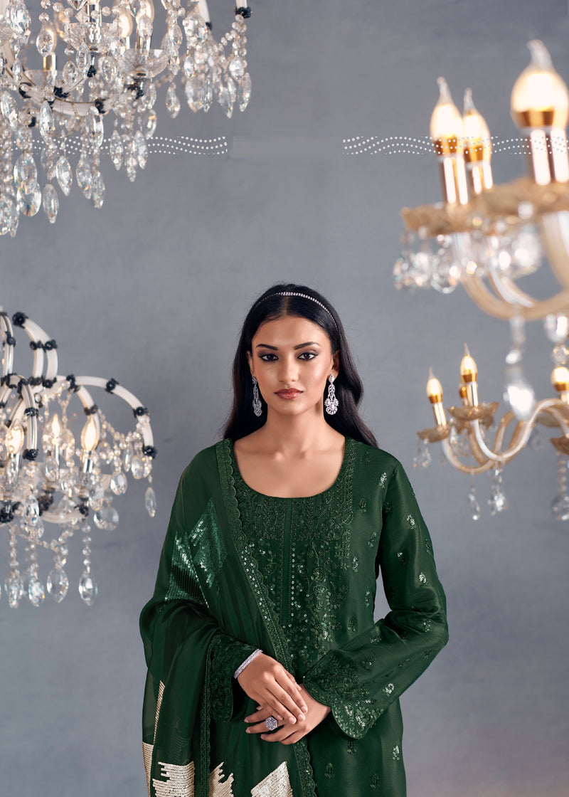 Forest Green Straight Suit with Embroidered Organza Dupatta
