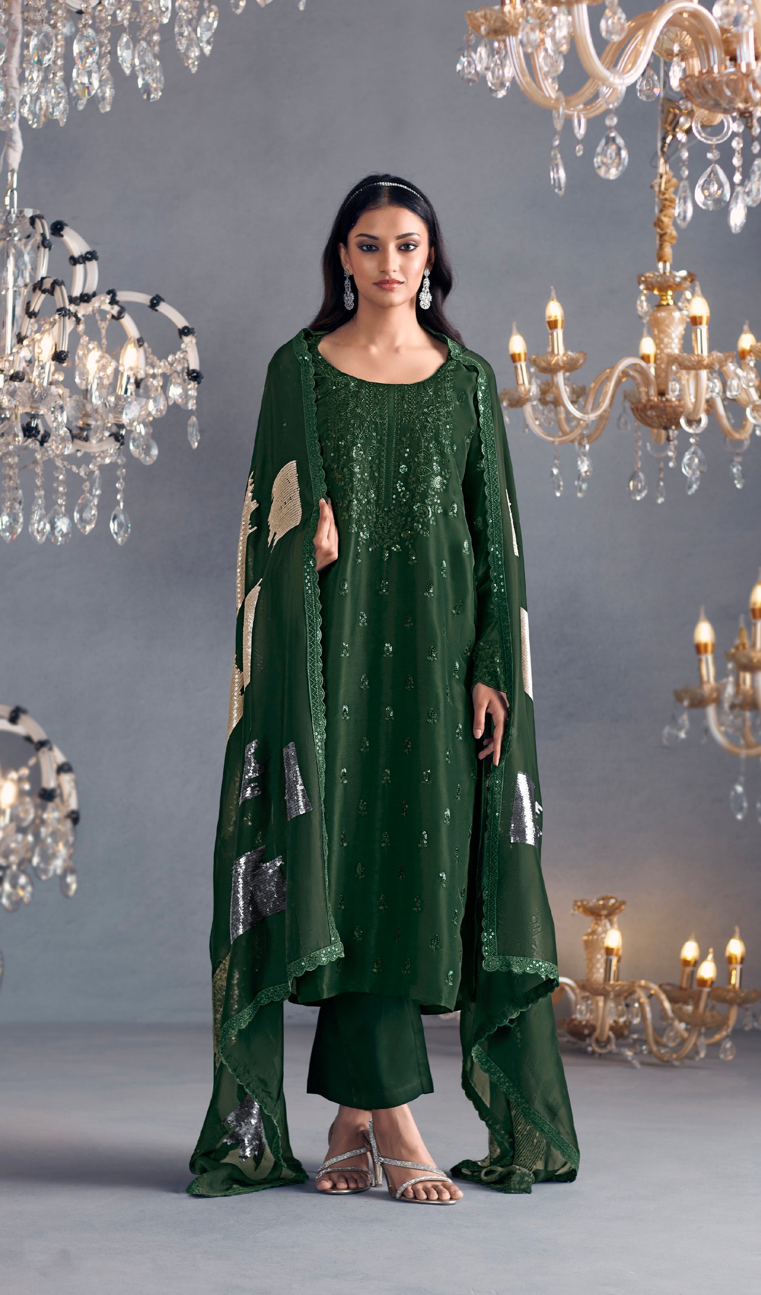 Forest Green Straight Suit with Embroidered Organza Dupatta