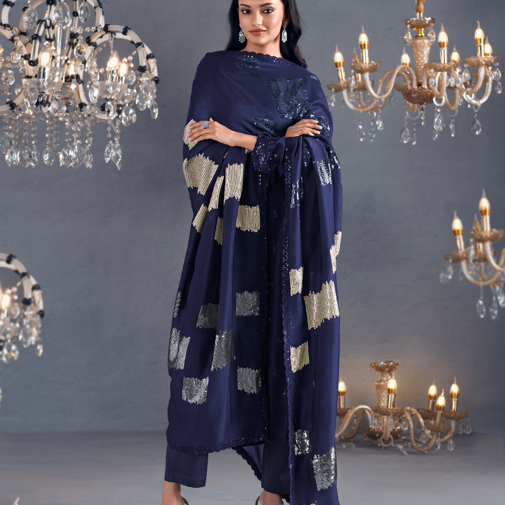 Navy Blue Straight Suit with Sequins Embroidered Dupatta