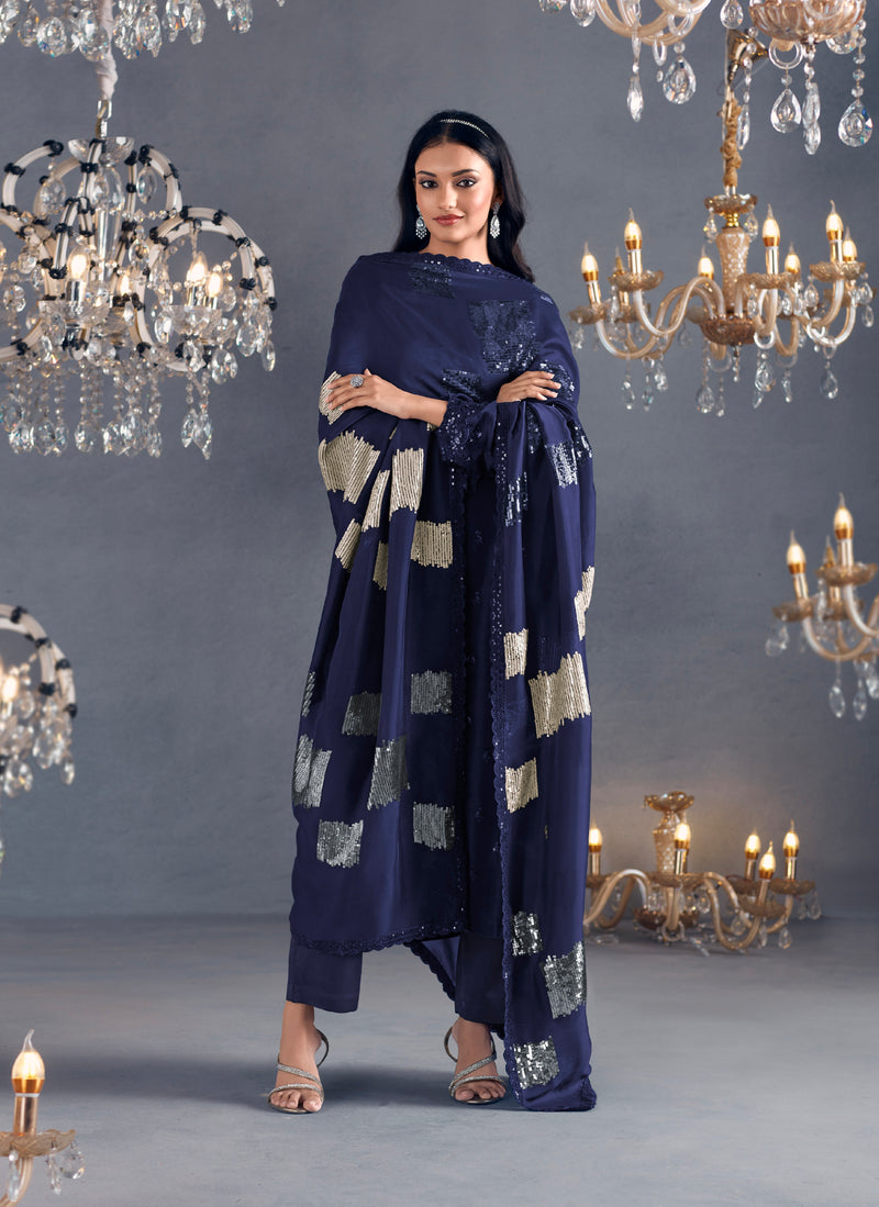 Navy Blue Straight Suit with Sequins Embroidered Dupatta