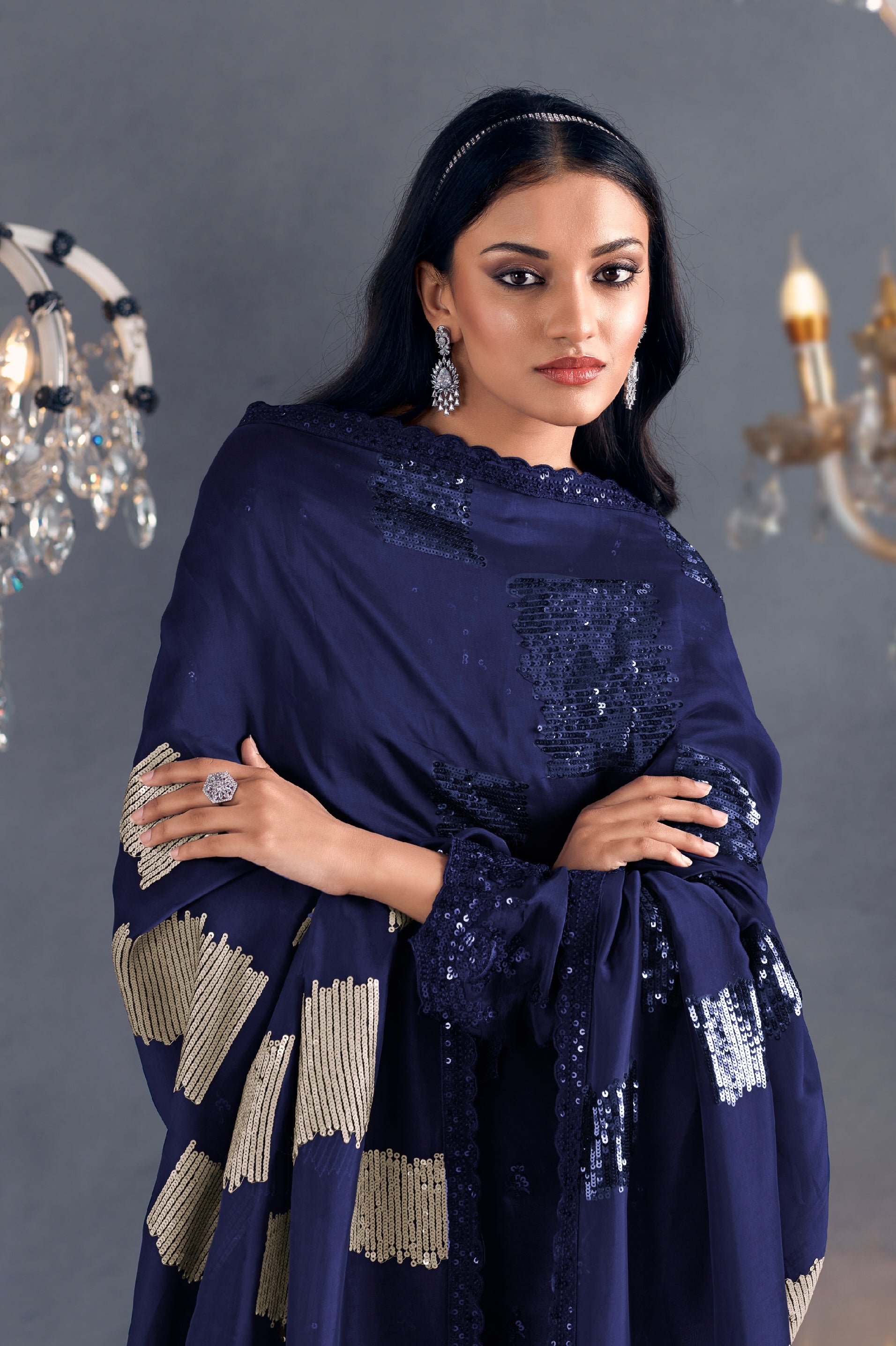 Navy Blue Straight Suit with Sequins Embroidered Dupatta