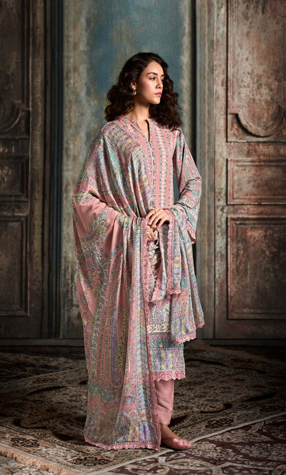 Pastel Pink Straight Cut Suit &amp; Digital Print &amp; Scalloped Embroidery